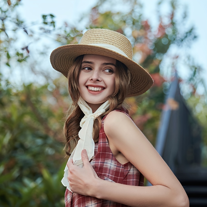 White Wide Brim Sun Hat Vintage French Style Straw Hat Uv - Temu