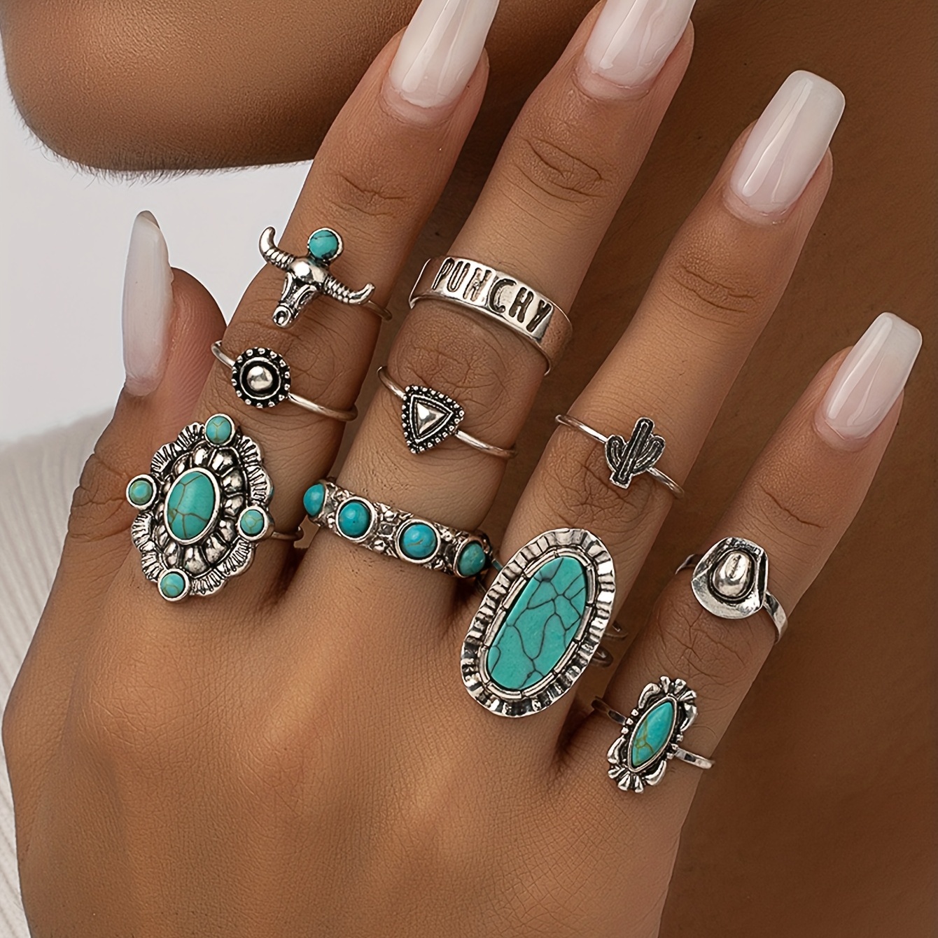 

10pcs Western Style Stacking Rings Inlaid Turquoise Trendy Bull Head Lotus Sun Design Mix And Match For Daily Outfits Perfect Decor For Cool