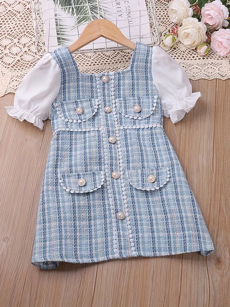 girls elegant pearl button plaid patchwork princess dress for party beach vacation kids summer clothes details 0