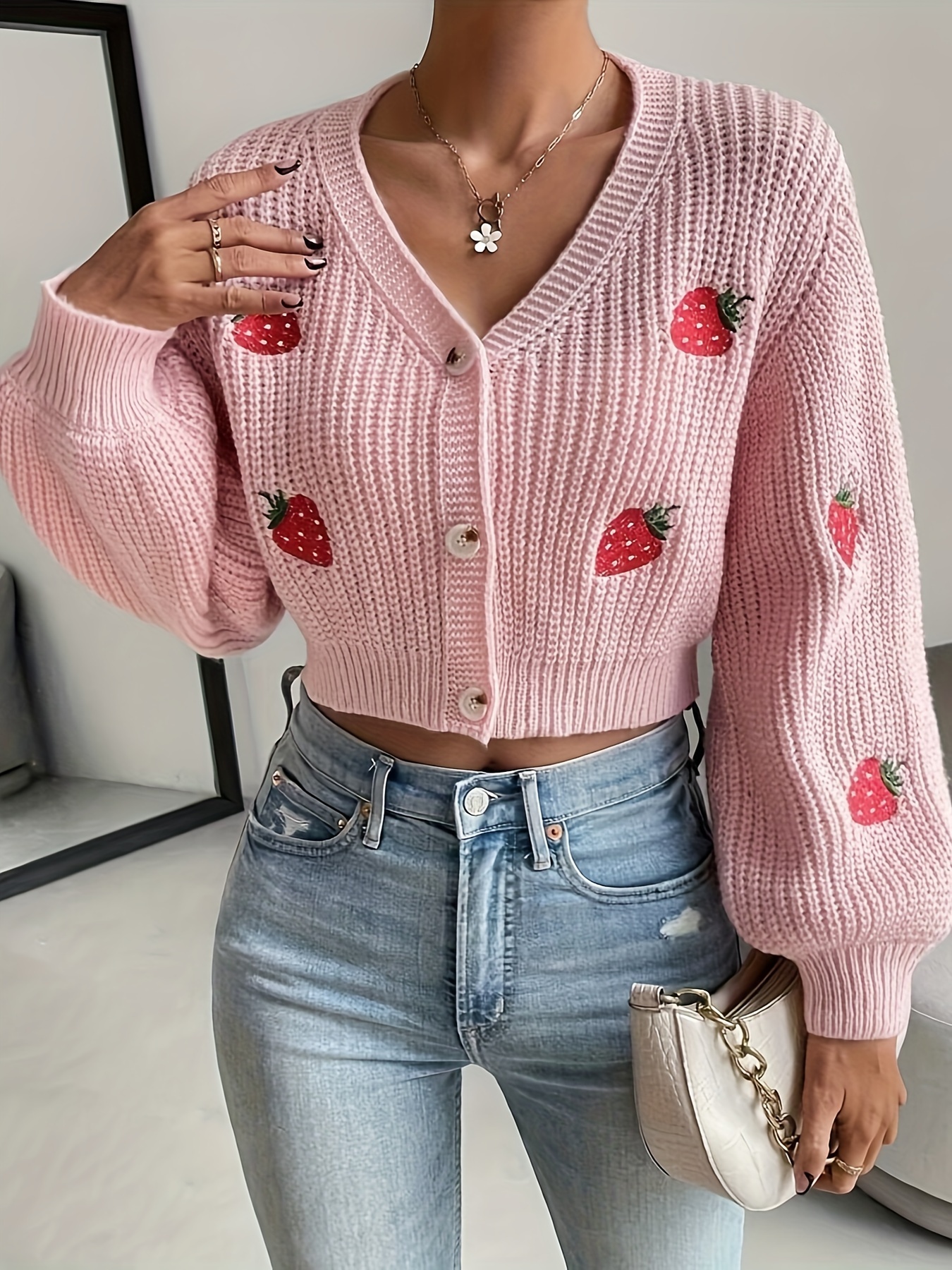 Women's Strawberry Print Crew Neck Crochet Knit Tops Cute - Temu United  Arab Emirates