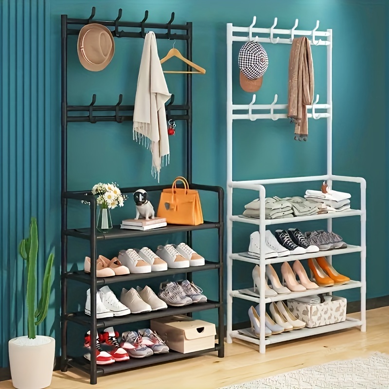 Space-saving Black Metal Shoe Rack With Hooks For Entryway Organization And  Storage - Temu