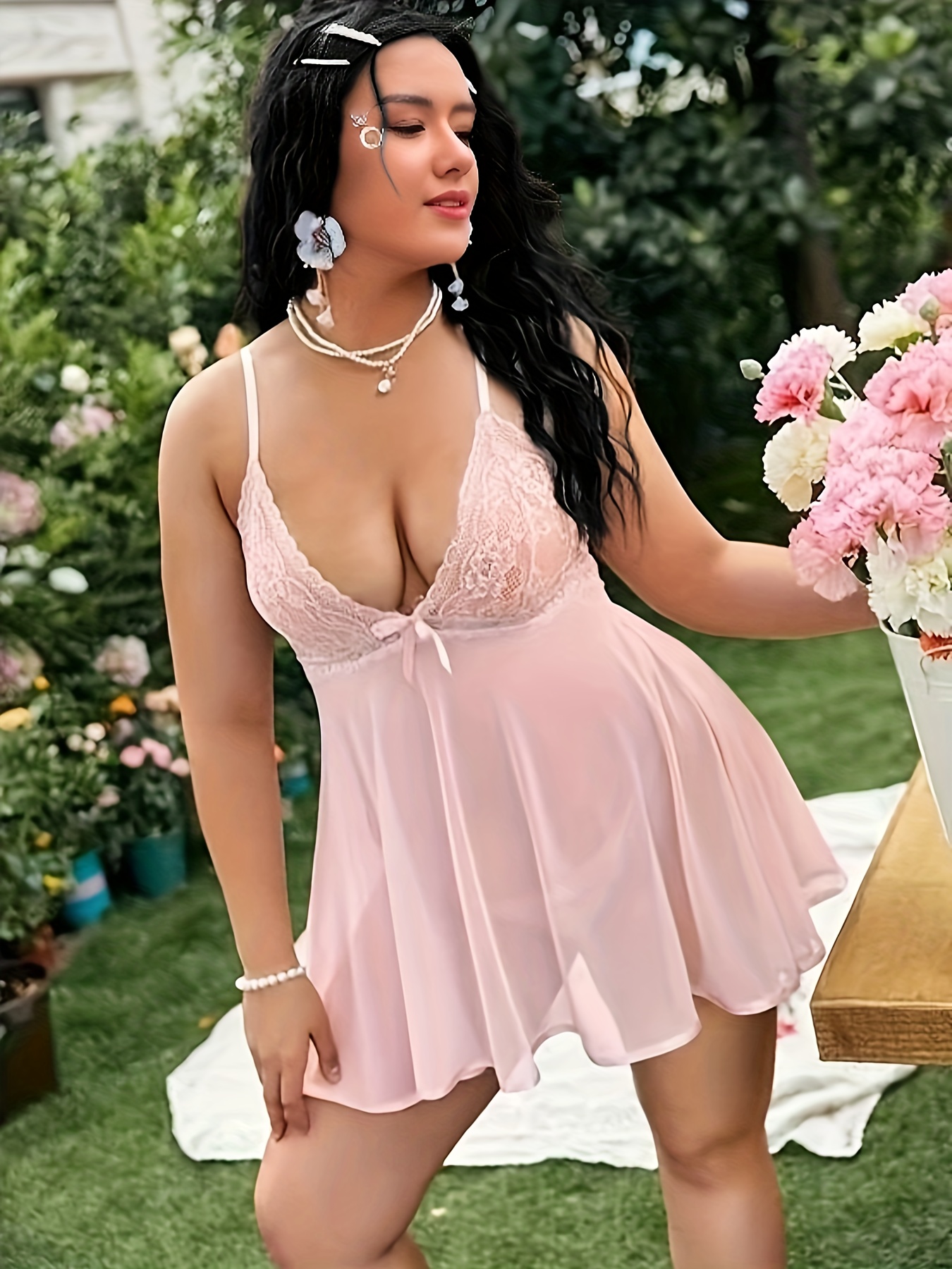 Plus Size Sexy Lingerie Bodysuit, Women's Plus Floral Lace Chain Detail  Ring Linked Teddy Bodysuit With Choker