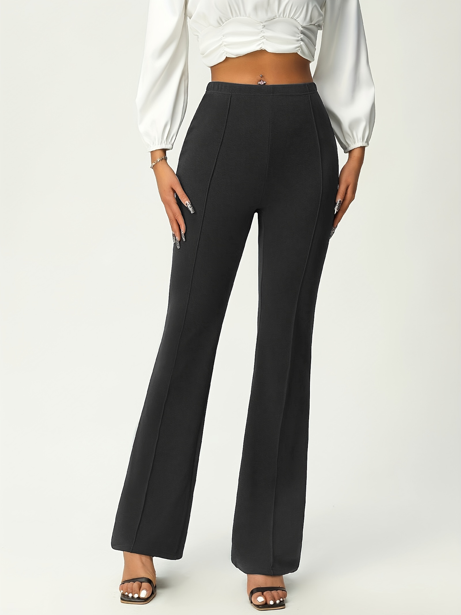 Womens Casual Bell Bottoms with Pockets Fashion Ladies Solid Color Dress  Pants High Waist Office Work Flare Trousers 