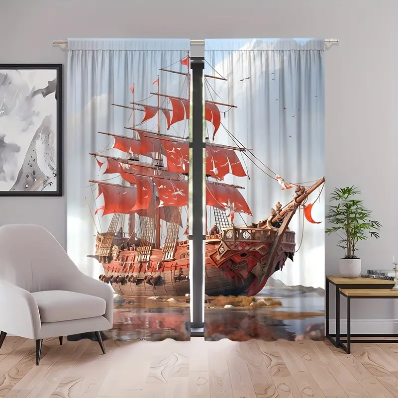Red Pirate Ship 3d Digital Print Rod Pocket Curtain Kitchens