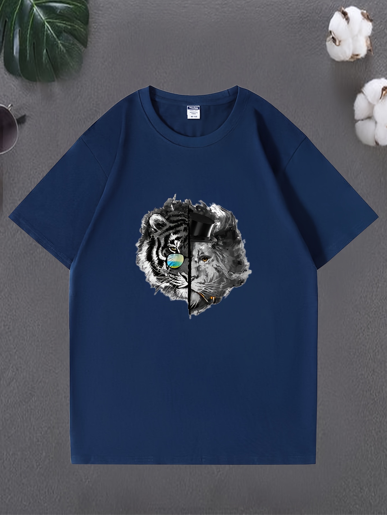 Men's Trendy Short Sleeve Animal Tiger Lion Print T-shirt, Active