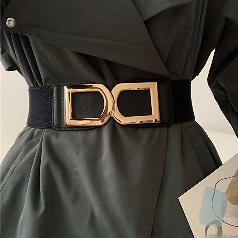 Fashion Women Gold Elastic Stretch Waist Belt Gold Metal Buckle Dress  Waistband