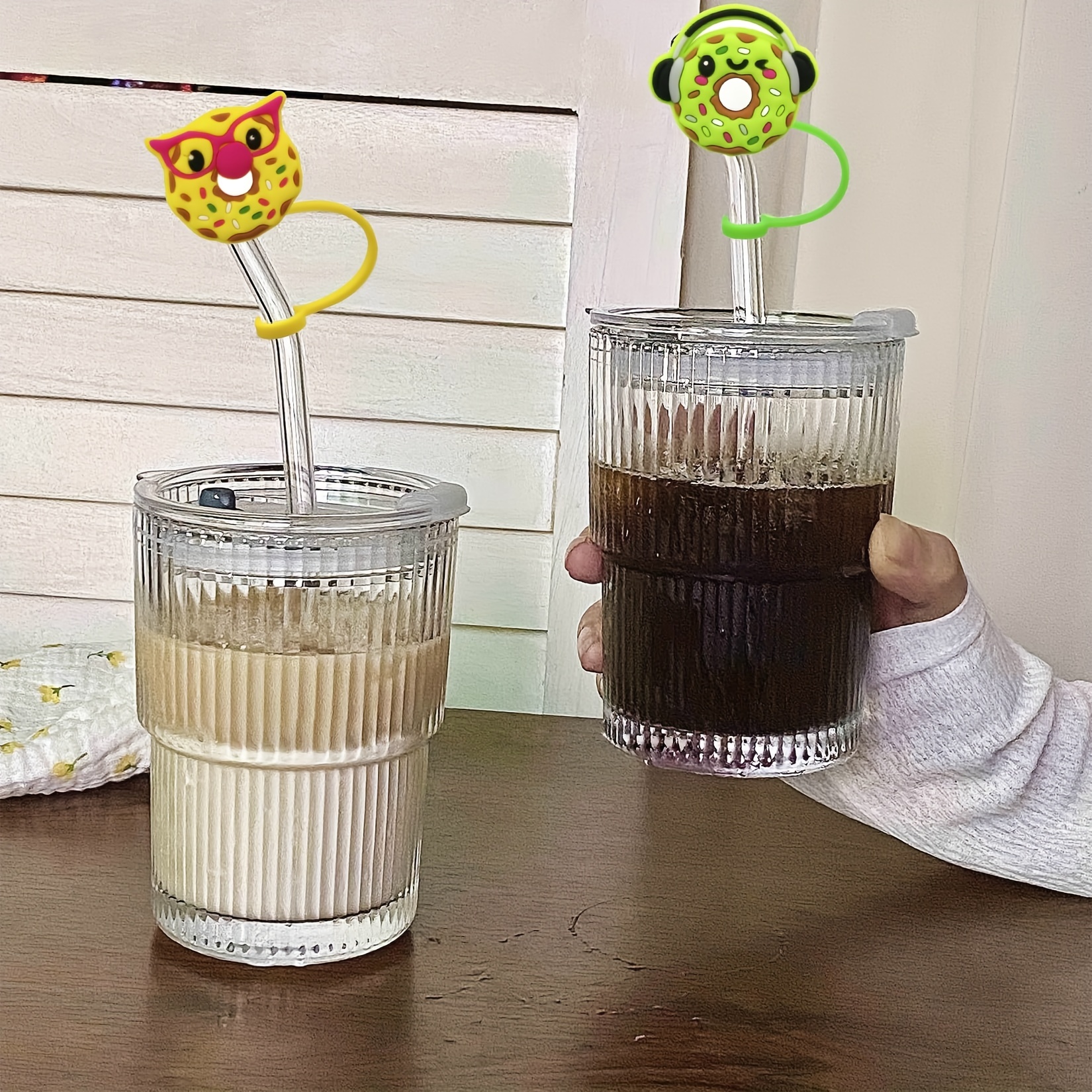Cute Donut Straw Tips Cover - Reusable Silicone Aniame Drinking Straw Topper