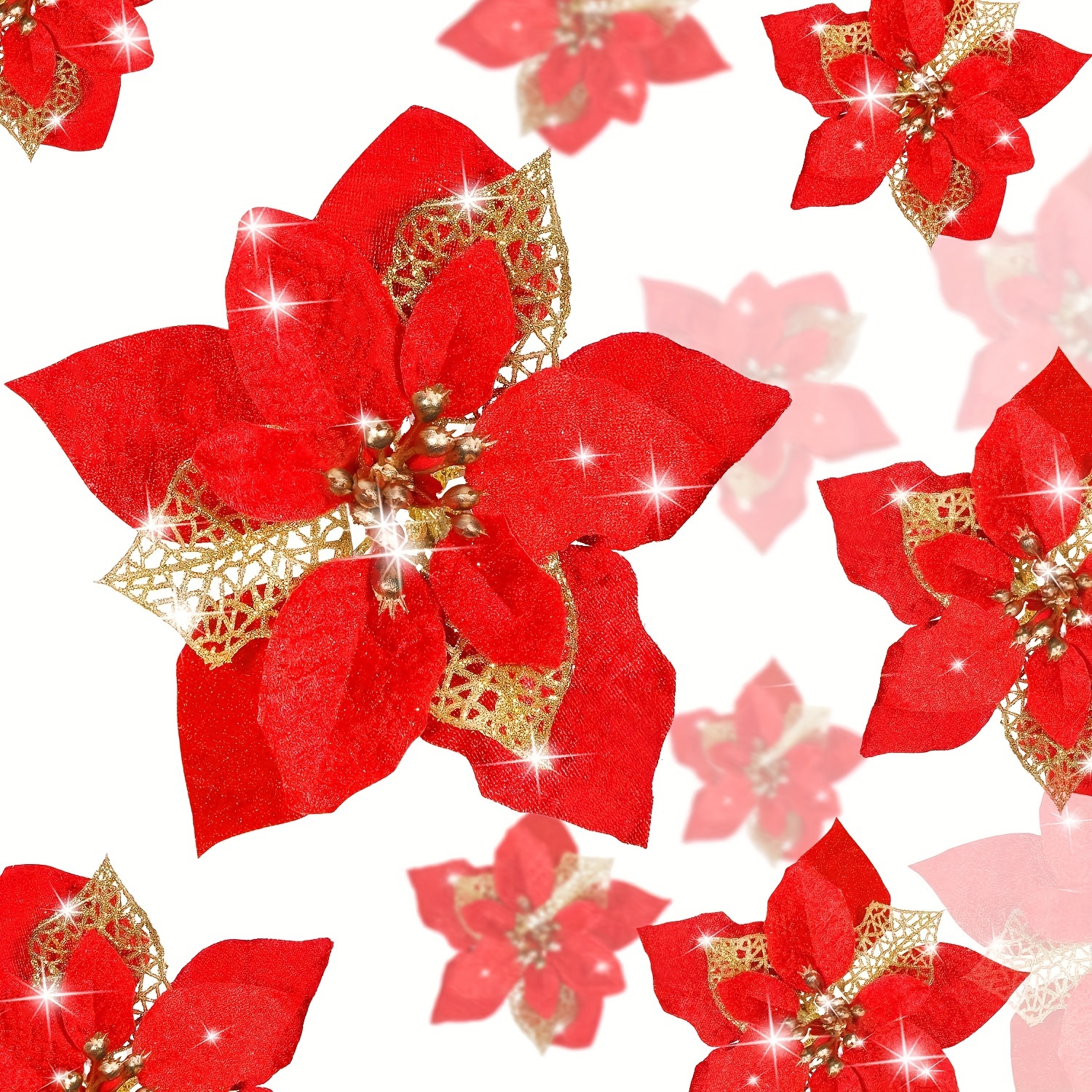 

15pcs Christmas Tree Decorations Poinsettias Artificial Flowers Ornament Large Size 8.7xmas Red Or White Glitter Flower With Clips