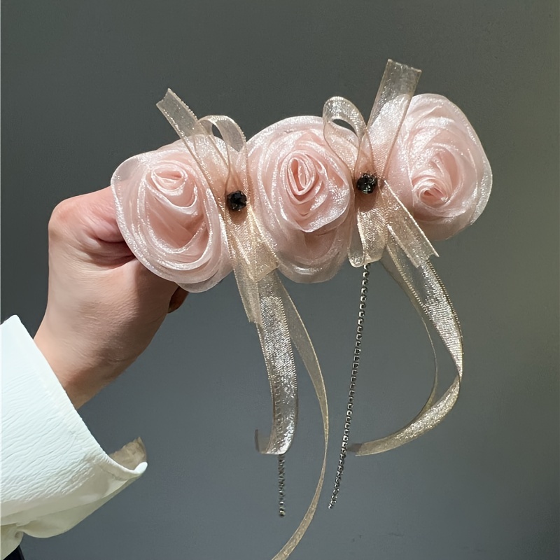 Rose Flower Top Clip Silk Yarn Bow Hair Clip Female Back - Temu