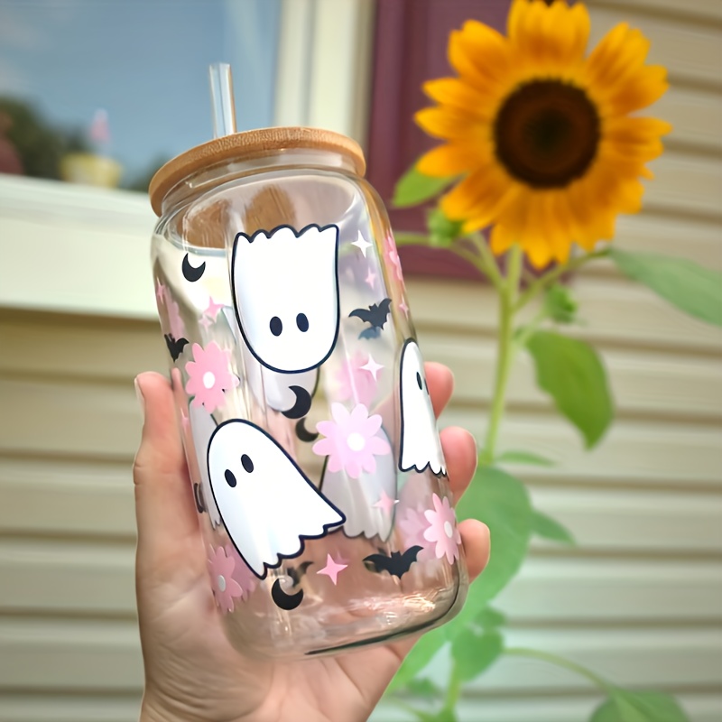 1pc, Halloween Drinking Glass With Lid And Straw, 16.9oz Can Shaped Water  Cup, Cute Kawaii Ghost Iced Coffee Cup, For Beer, Juice, Milk, Birthday Gift