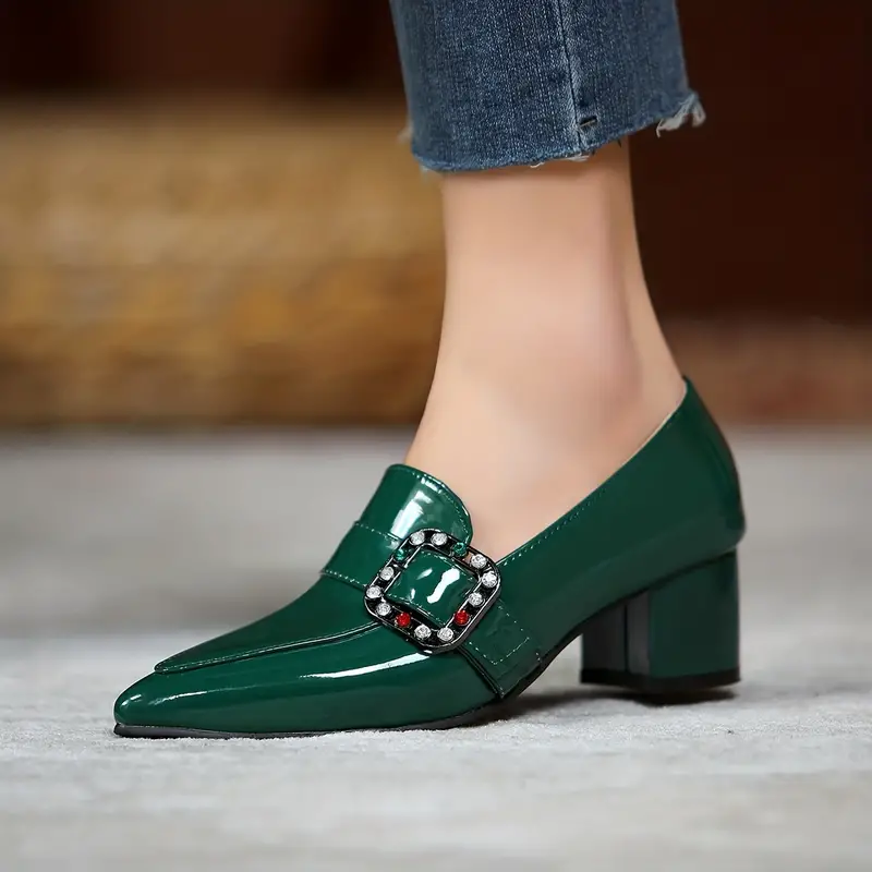 womens rhinestone decor chunky heels comfortable pointed toe slip on shoes womens fashion heels details 1