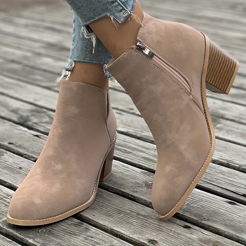 Women's Chunky Stacked Heeled Booties Solid Color Side - Temu Canada