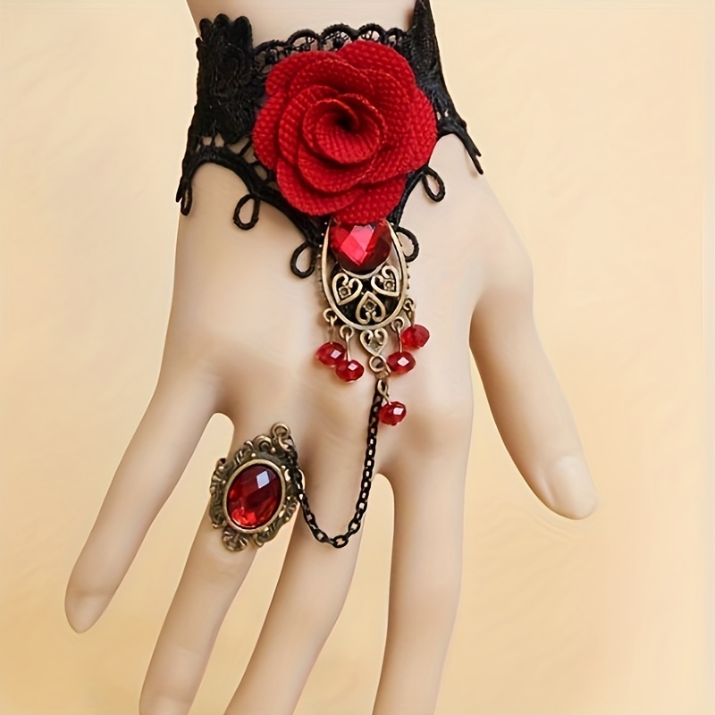 vintage halloween red rose design bracelet ring integrated mitten bracelet party decoration accessories details 1