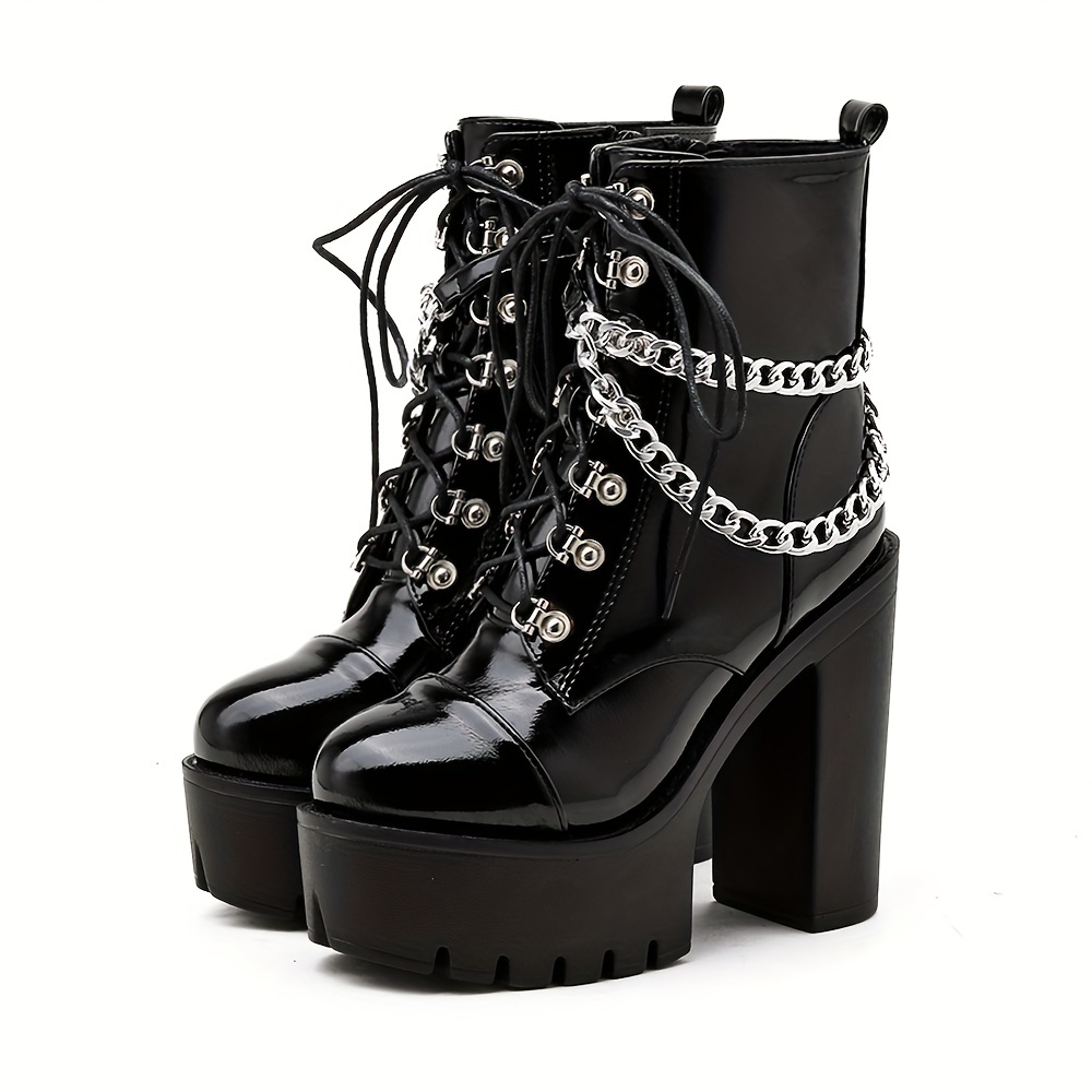 Women's Black Gothic High Heel Ankle Boots, Sexy Chain Punk