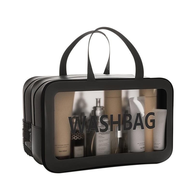 Large Capacity Waterproof Makeup Bag With Handle And Letter Patch Decor -  Perfect For Travel And Organizing Cosmetics And Brushes - Temu