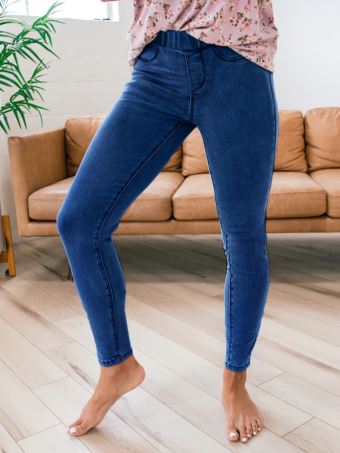Women's Basic Jeans Plus Size Plain Washed Blue High Stretch - Temu Canada