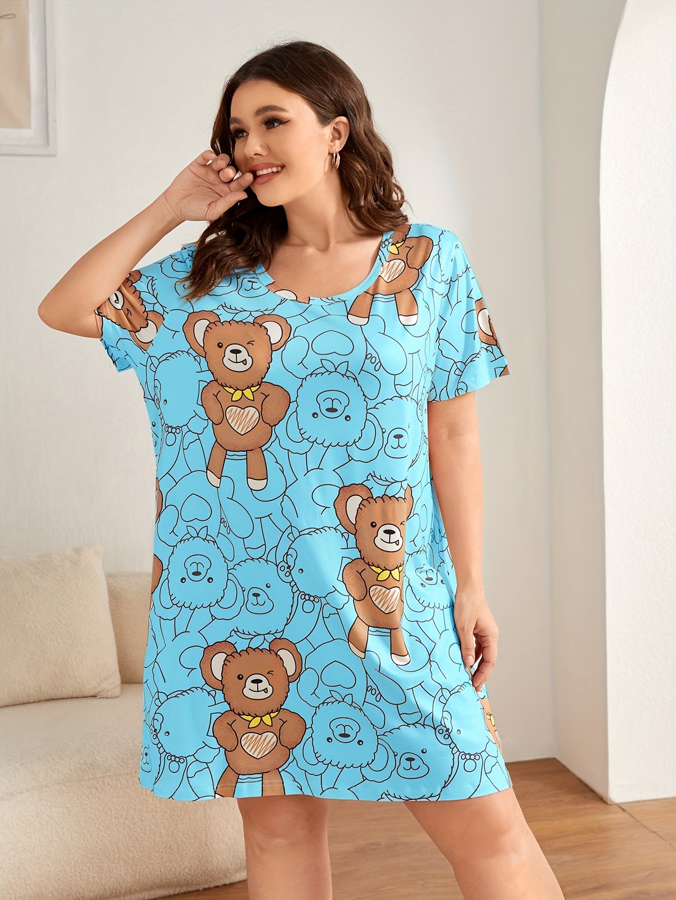 Plus Size Sexy Loungewear Dress, Women's Plus Cute Cartoon Pig Print Medium  Stretch Cami Nightdress