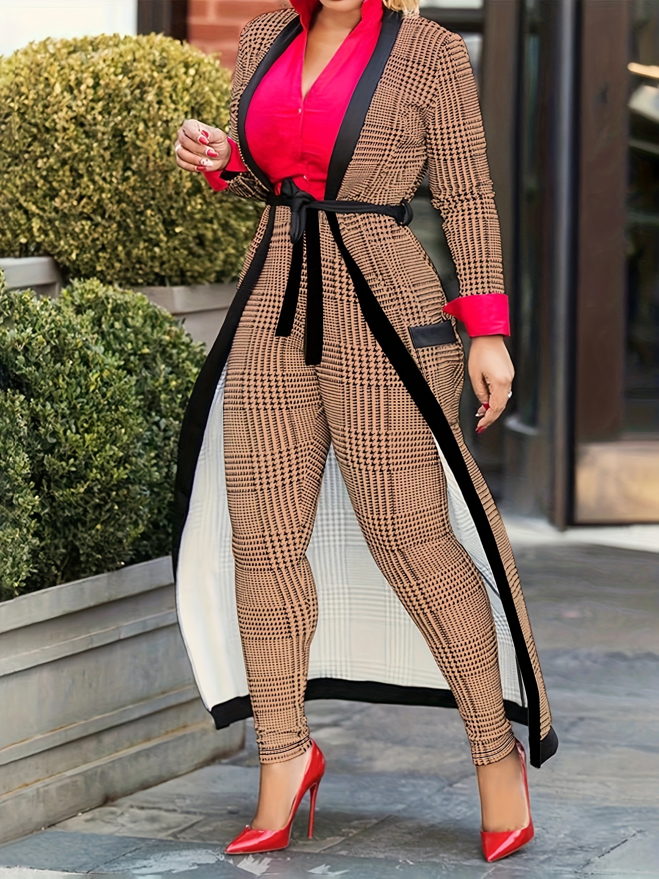 Houndstooth Print Elegant Two piece Set Open Front Long - Temu