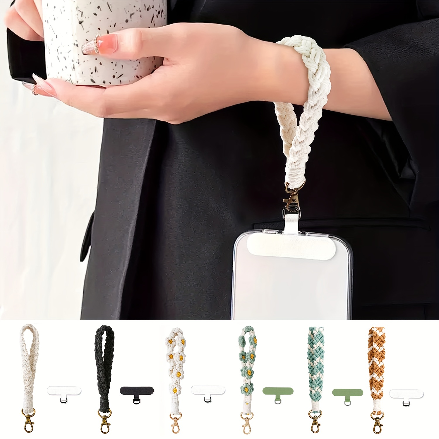 Daisy Flower Keychain Boho Wrist Lanyard Woven Phone Charms Key Ring for  Women