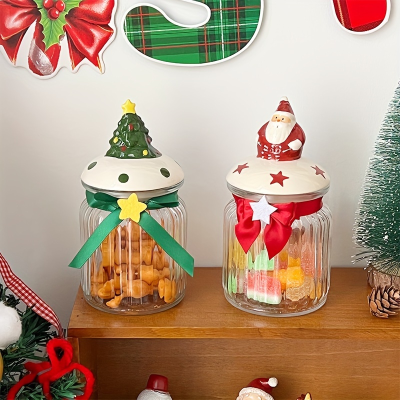 Christmas Decor 3 Pack Glass Storage Jars with Airtight Bamboo Lid,  Christmas Bu