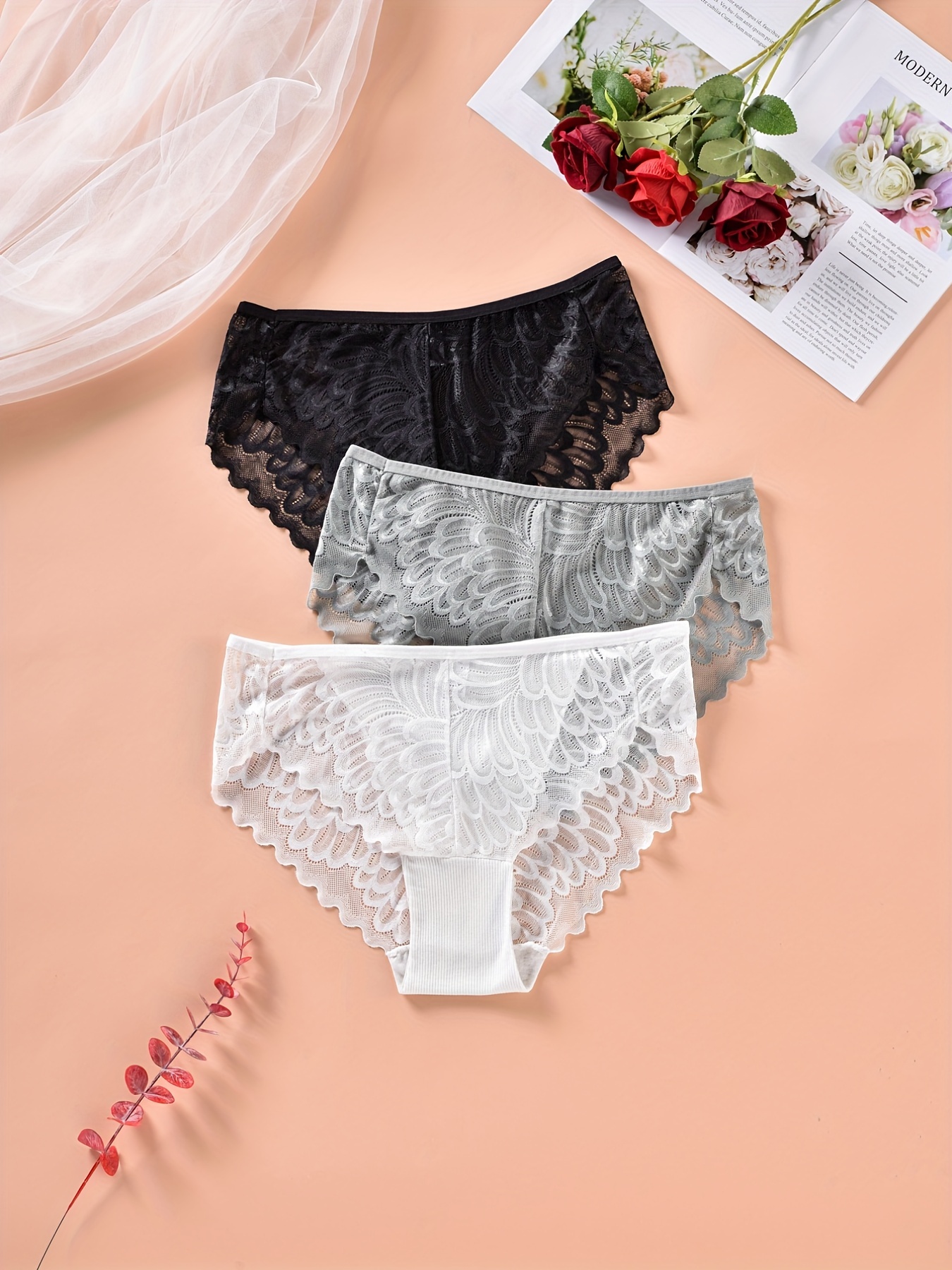 Fashion 3PCS/Set Women Panties Sexy Underwear Lace Panties Lingerie Female  Floral Lace Briefs Perspective Design Ladies Pantys(#Set 12)