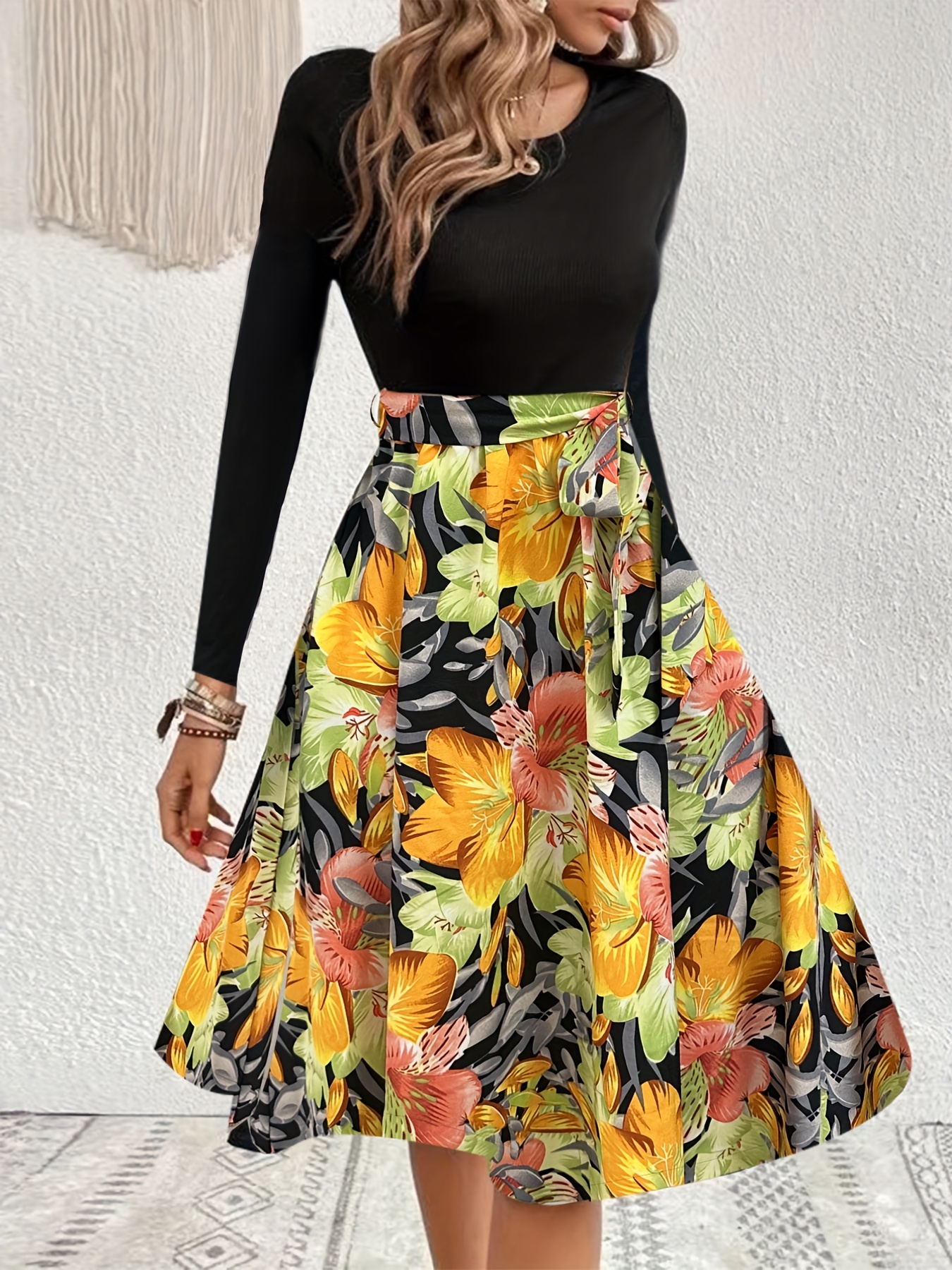 Платье с цветочным принтом, винтажное платье с круглым вырезом и длинными рукавами, женская одежда