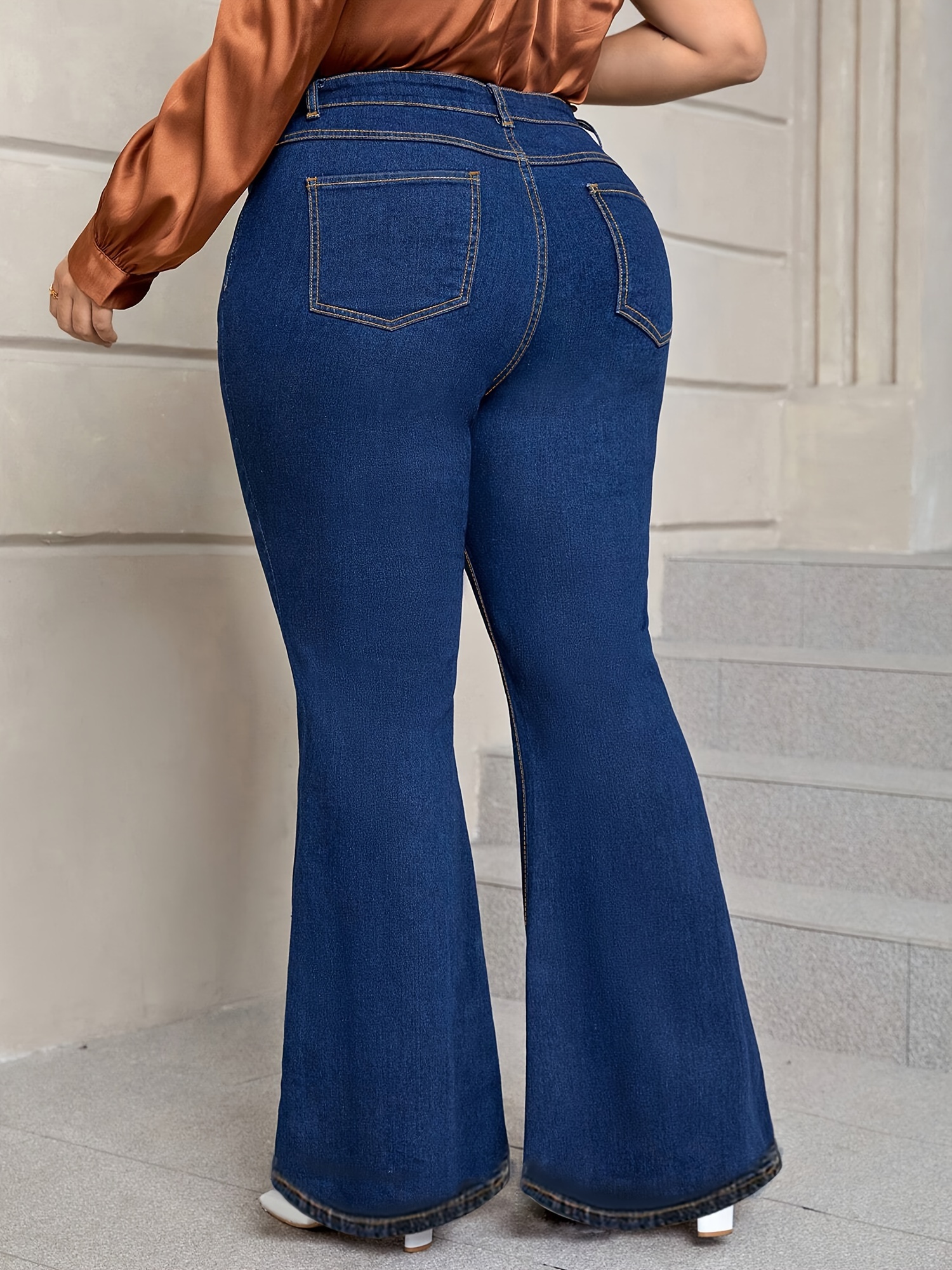 Plus Size Slant Pockets Flared Jeans, High Waist Stretchy Denim Pants,  Women's Denim Jeans Clothing