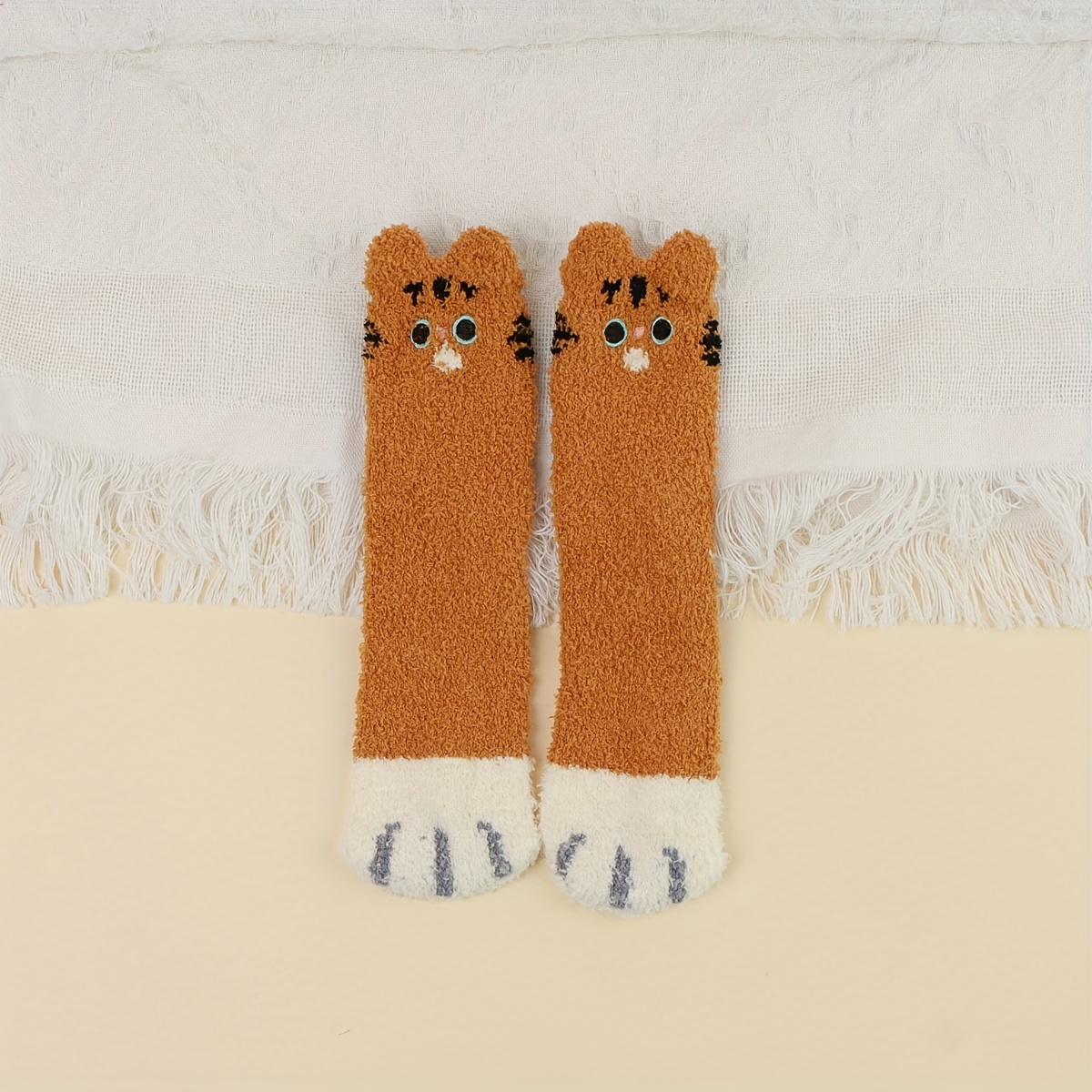 A Pair Girl's Cat Paw Pattern Embroidered Crew Socks Comfy - Temu