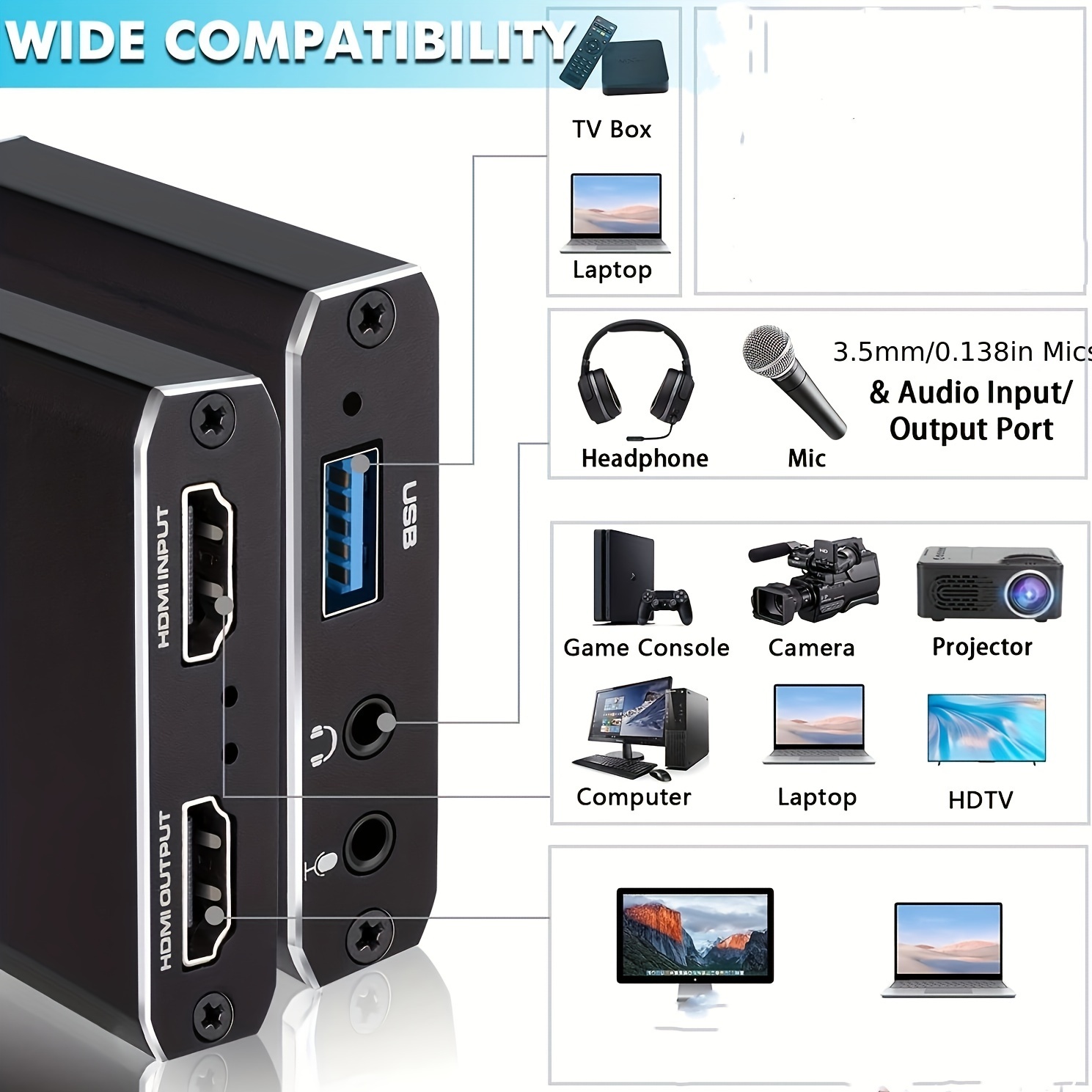 Carte de capture vidéo HD compatible HDMI, streaming pour PS4 5 Nintendo  Switch, 1080P, 60fps, USB