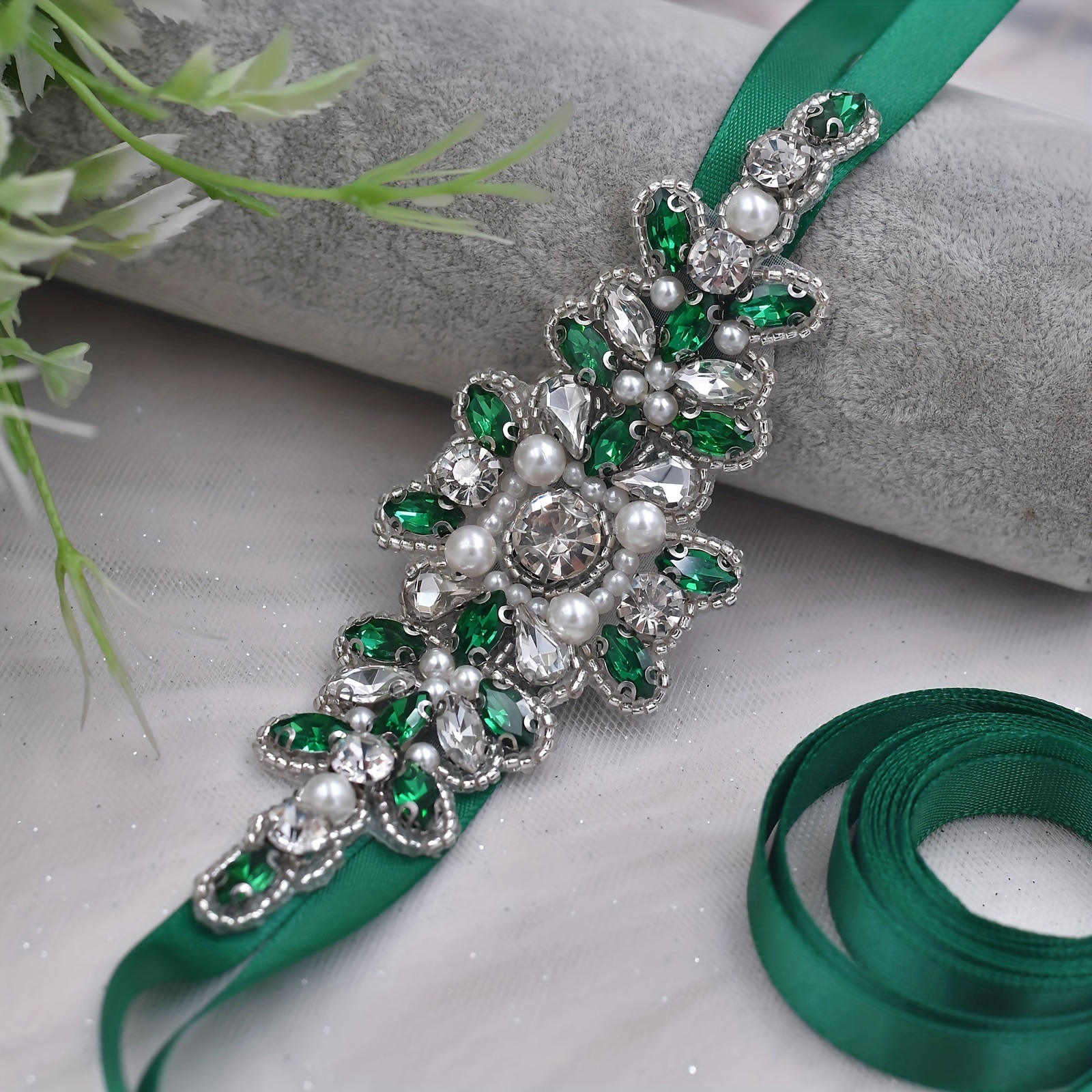 Colorful Crystal Imitation Pearl Belt Simple Stylish Green - Temu