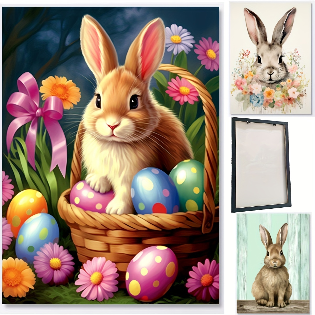 Framed Easter Canvas Print Poster Easter Bunny With Eggs - Temu