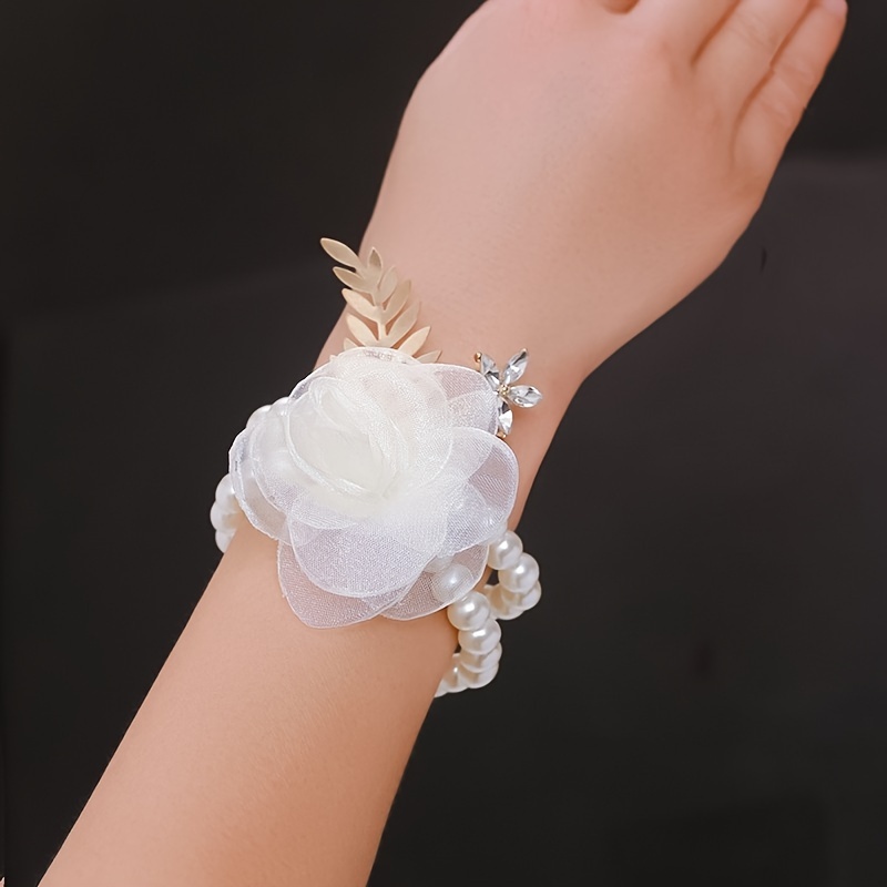 Girls Bridesmaid Wrist Flowers Faux Pearl Bracelet Wedding - Temu