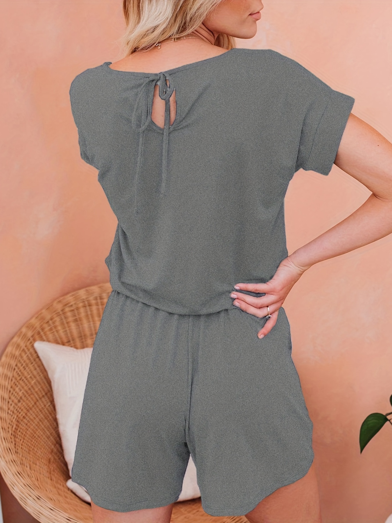 Drawstring Waist Romper Jumpsuit Casual Short Sleeve Romper - Temu