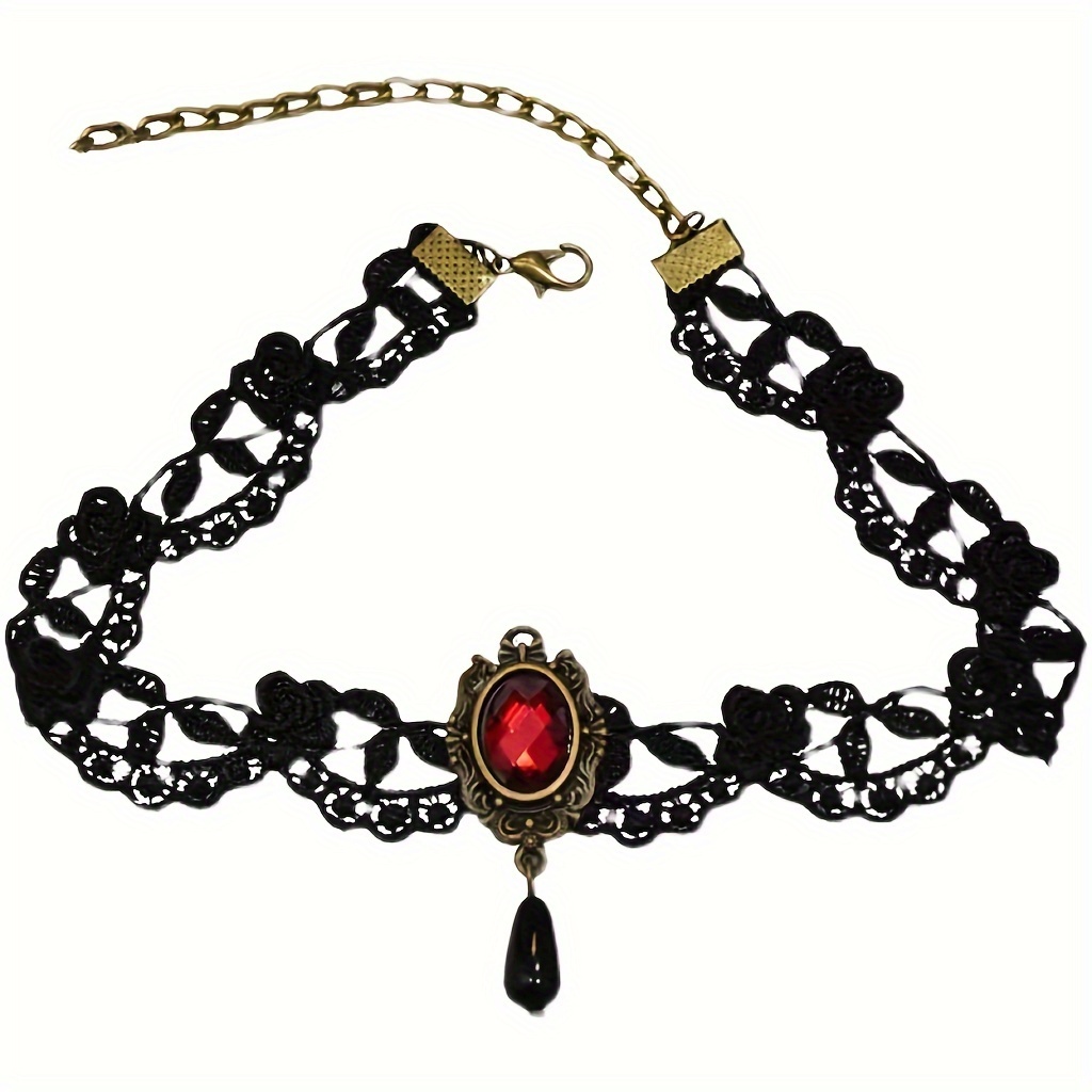 

Stylish Black Lace Vintage Style Black Red Crystal Short Necklace Clavicle Chain For Women