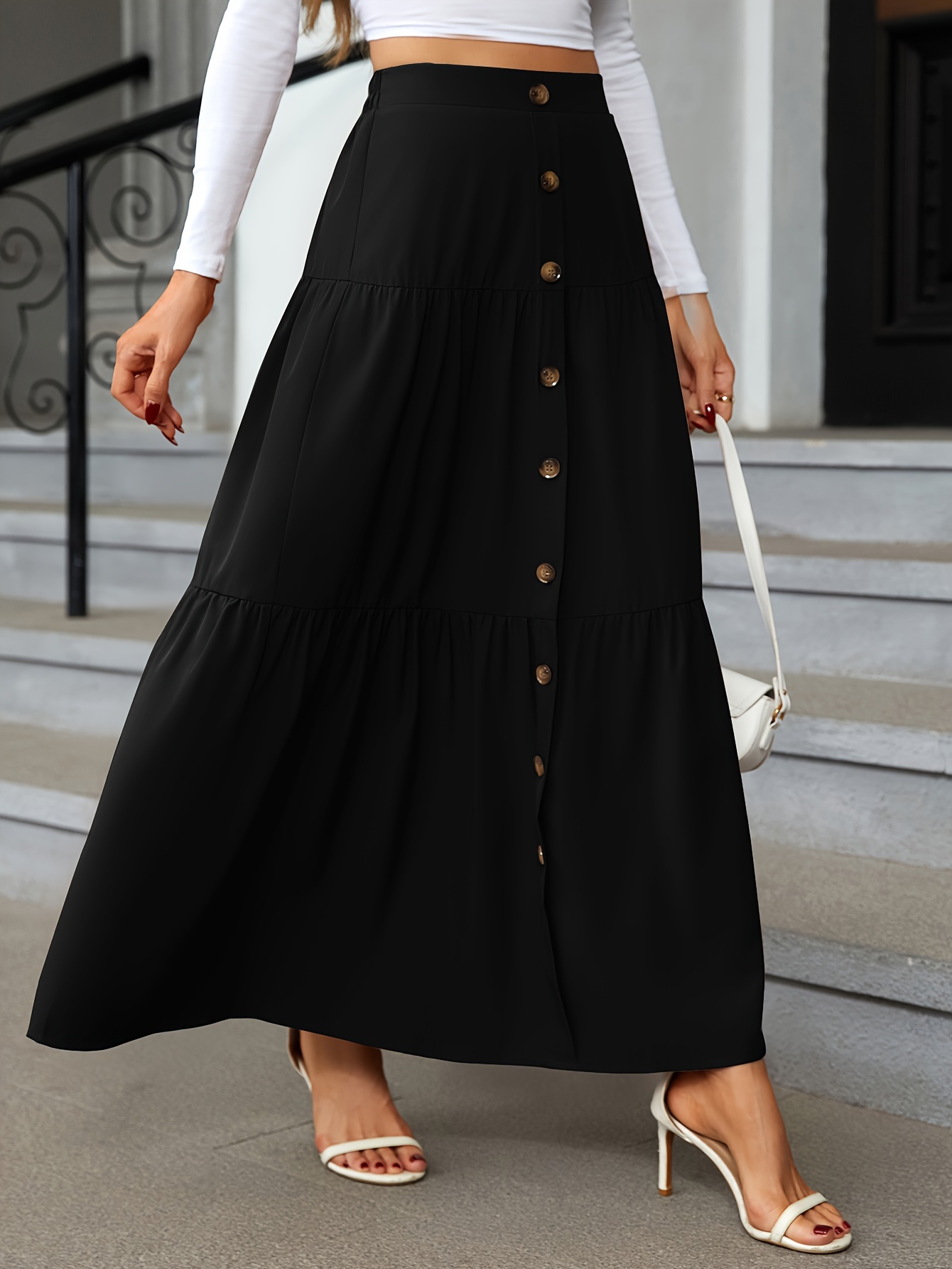 High Waist Tiered Skirts Casual Solid Button Front Maxi - Temu