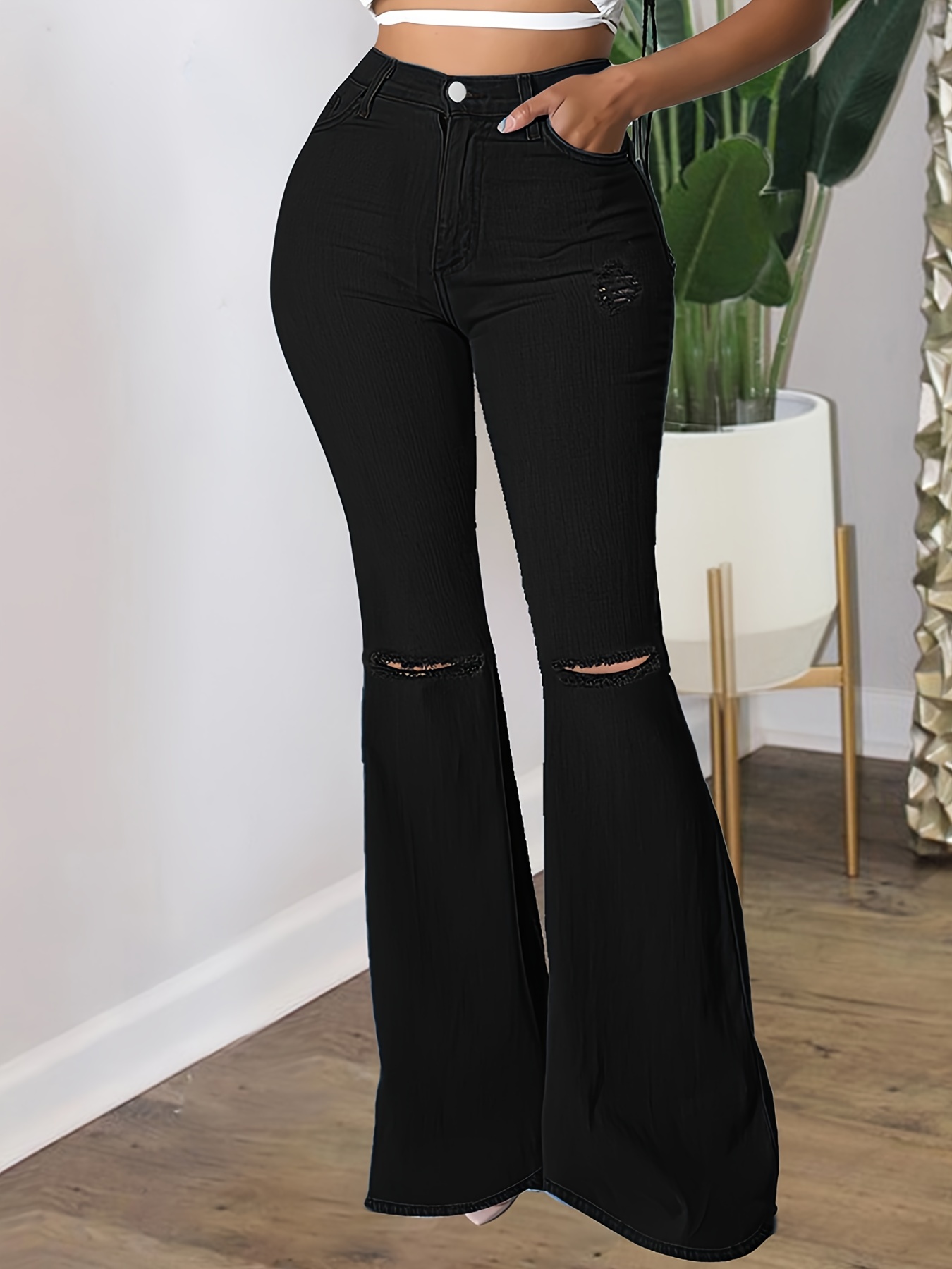 Black Ripped High Waist Flared Jeans High Bell Bottom - Temu Mexico