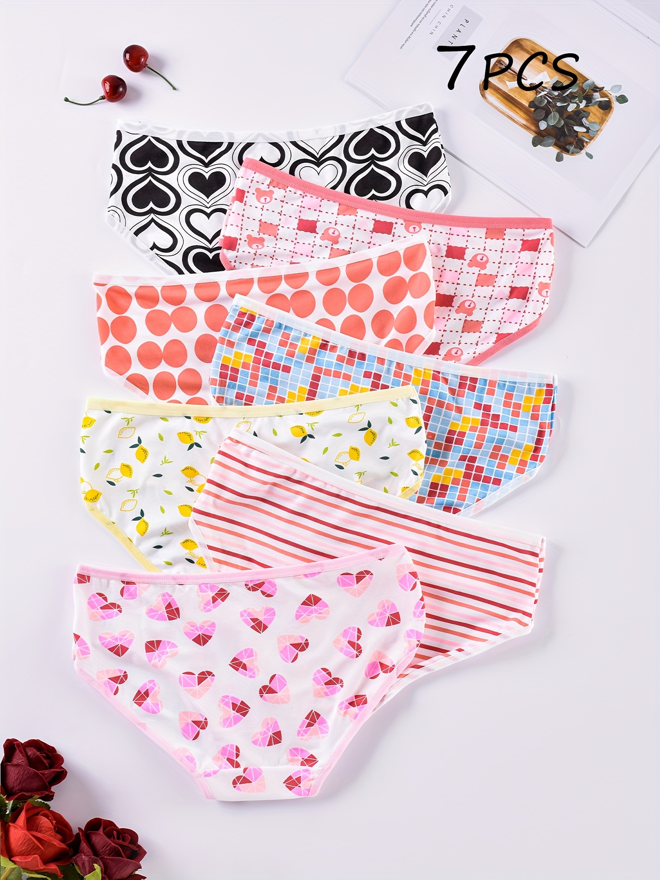 7pcs Heart & Plaid Print Briefs, Comfy & Cute Stretchy Intimates Panties,  Women's Lingerie & Underwear