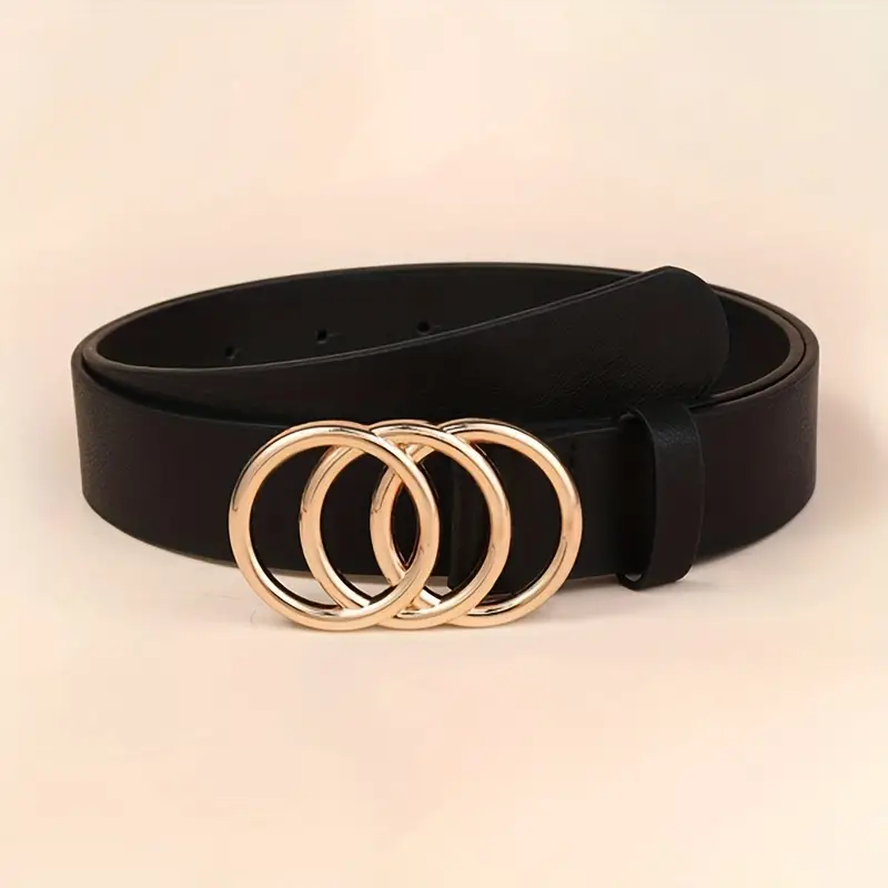 Golden Triple Ring Buckle Belts Simple Solid Color Pu - Temu