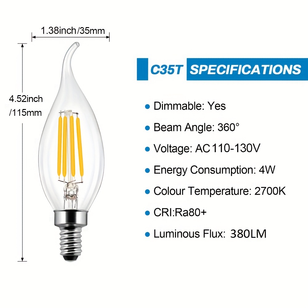 Variable Ampoules LED E14 Blanc Chaud 2700K, C35 6,5 W Rétro