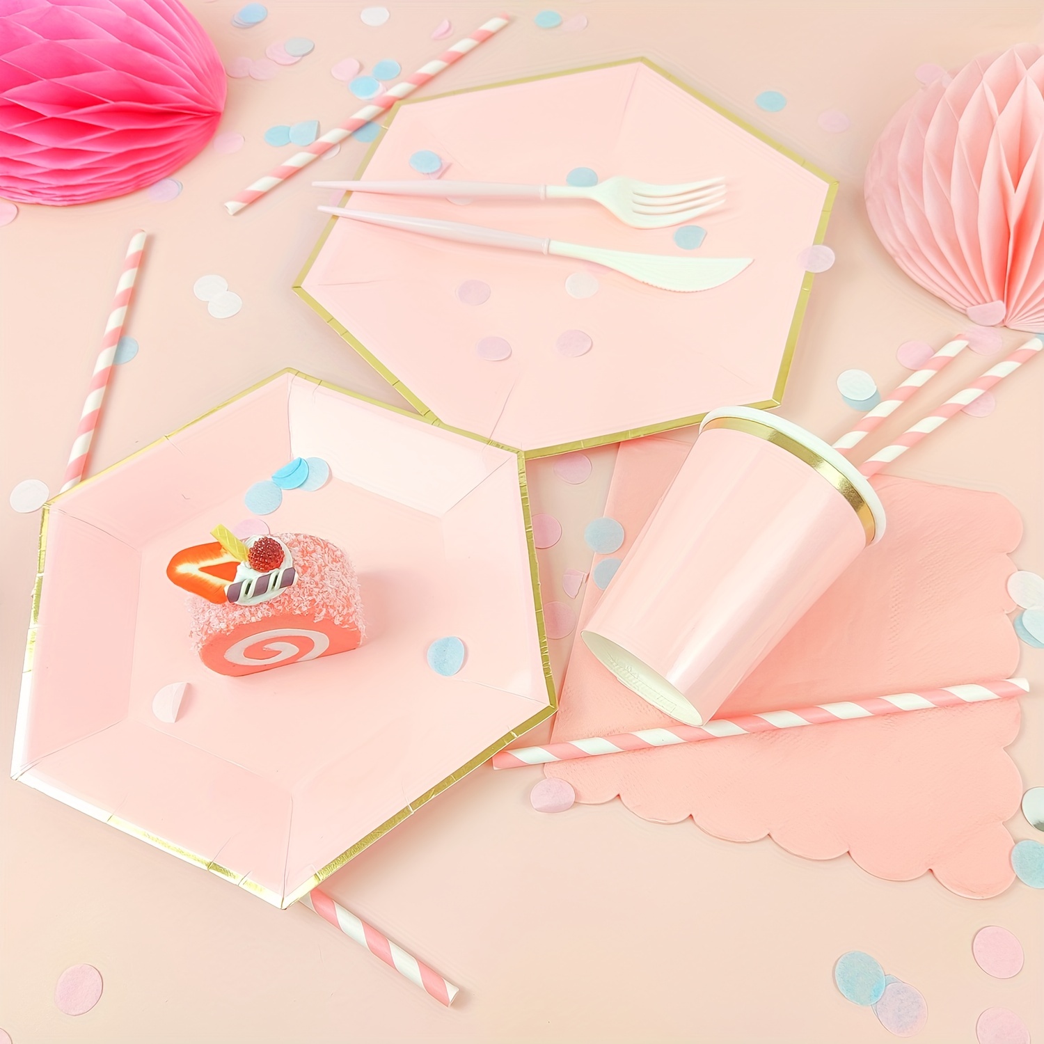 Juego de 100 vajillas de papel desechables para fiesta de cumpleaños de  color rosa princesa, platos de cena de oro rosa, servilletas, vasos, platos  de