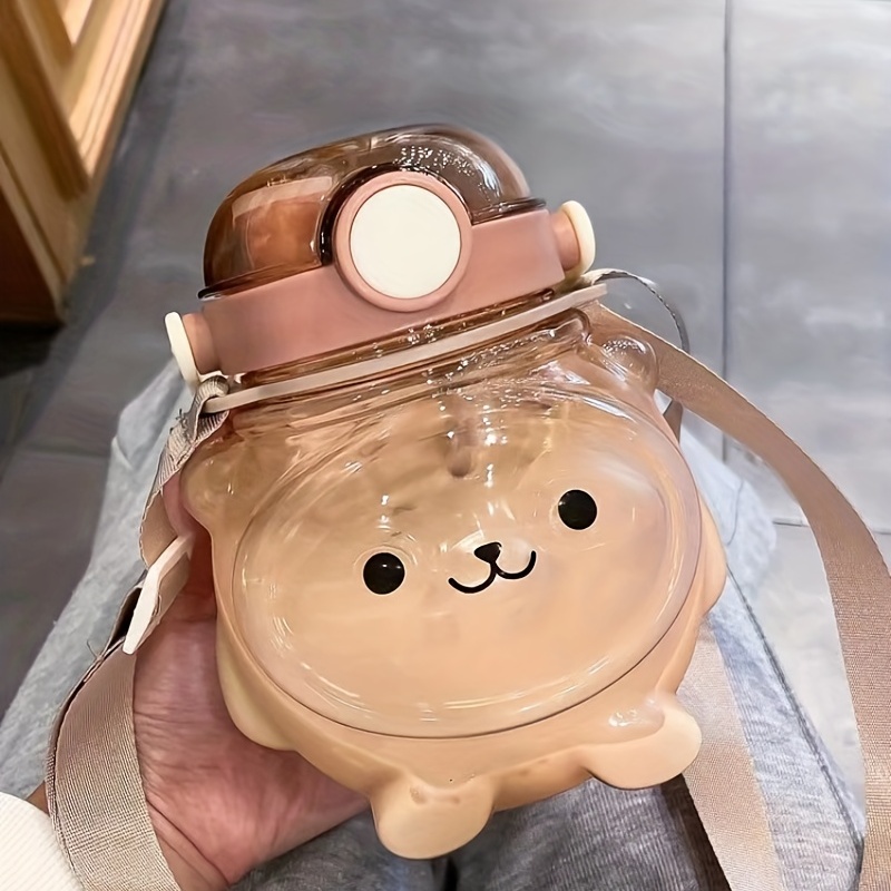 Kawaii Bear Straw Water Bottle With Shoulder Strap, Leak-proof