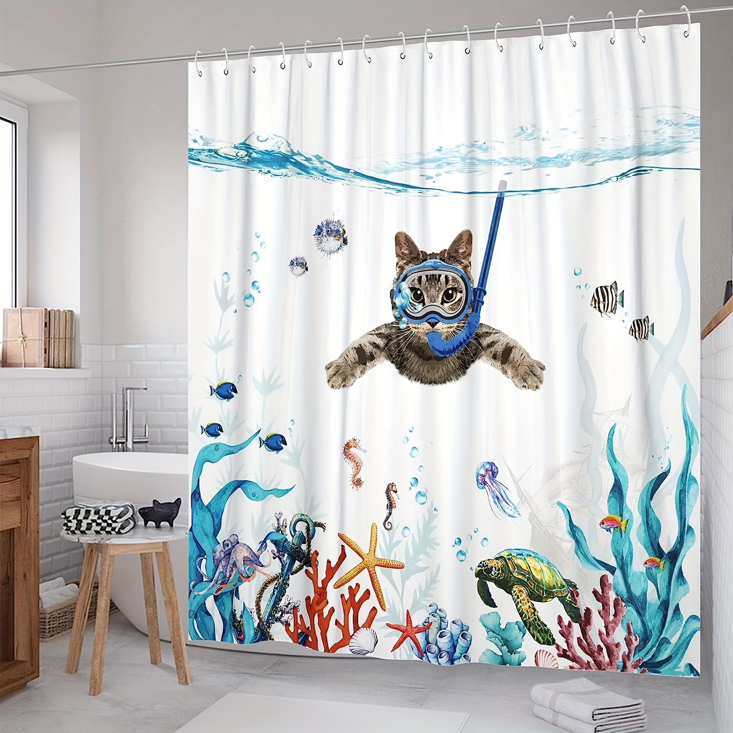 1pc Funny Cat Shower Curtain, Teal Blue Sea Ocean Waterproof Fabric Shower  Curtains, Animal Octopus Starfish Turtle Anchor Fish Nautical Bathroom Curt