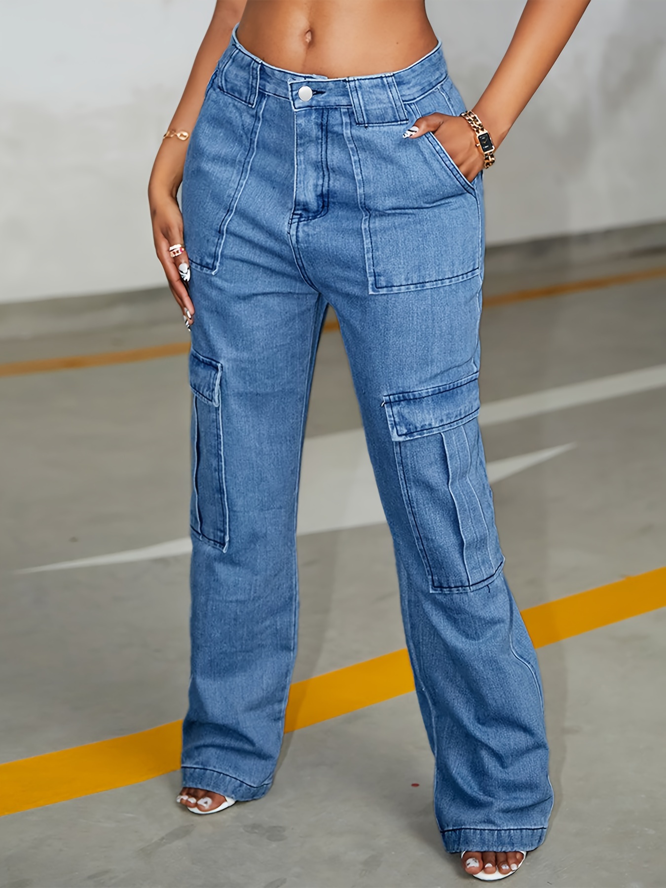 Plain Rivet Decor Straight Jeans Loose Fit Slant Pockets - Temu Qatar