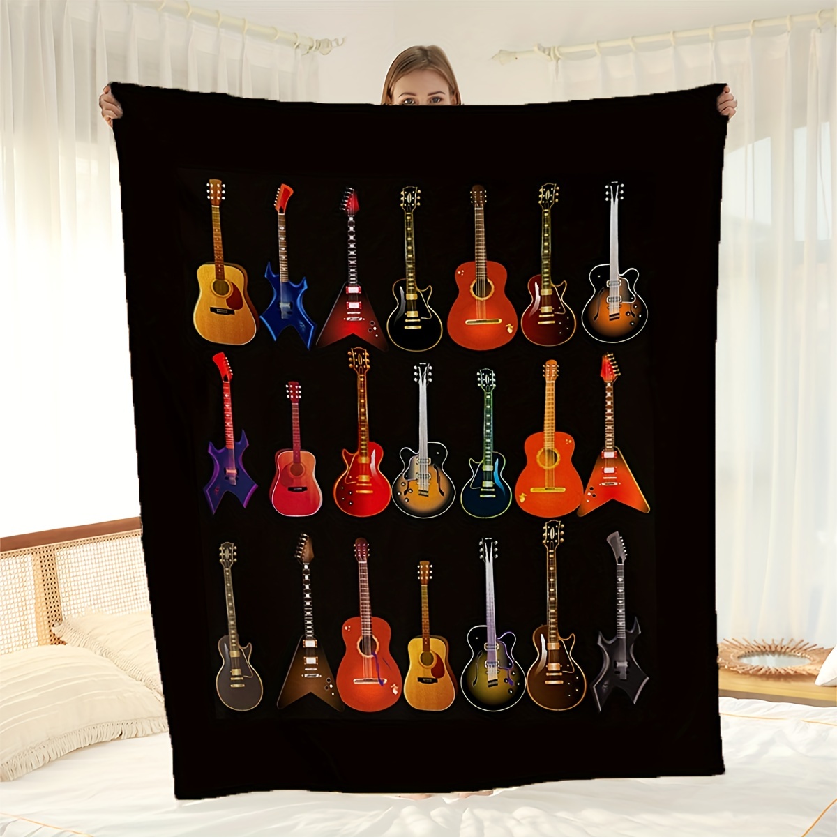 

1pc Guitar Patterned Flannel Blanket, Soft Warm Throw Blanket Nap Blanket For Couch Sofa Office Bed Camping Travel
