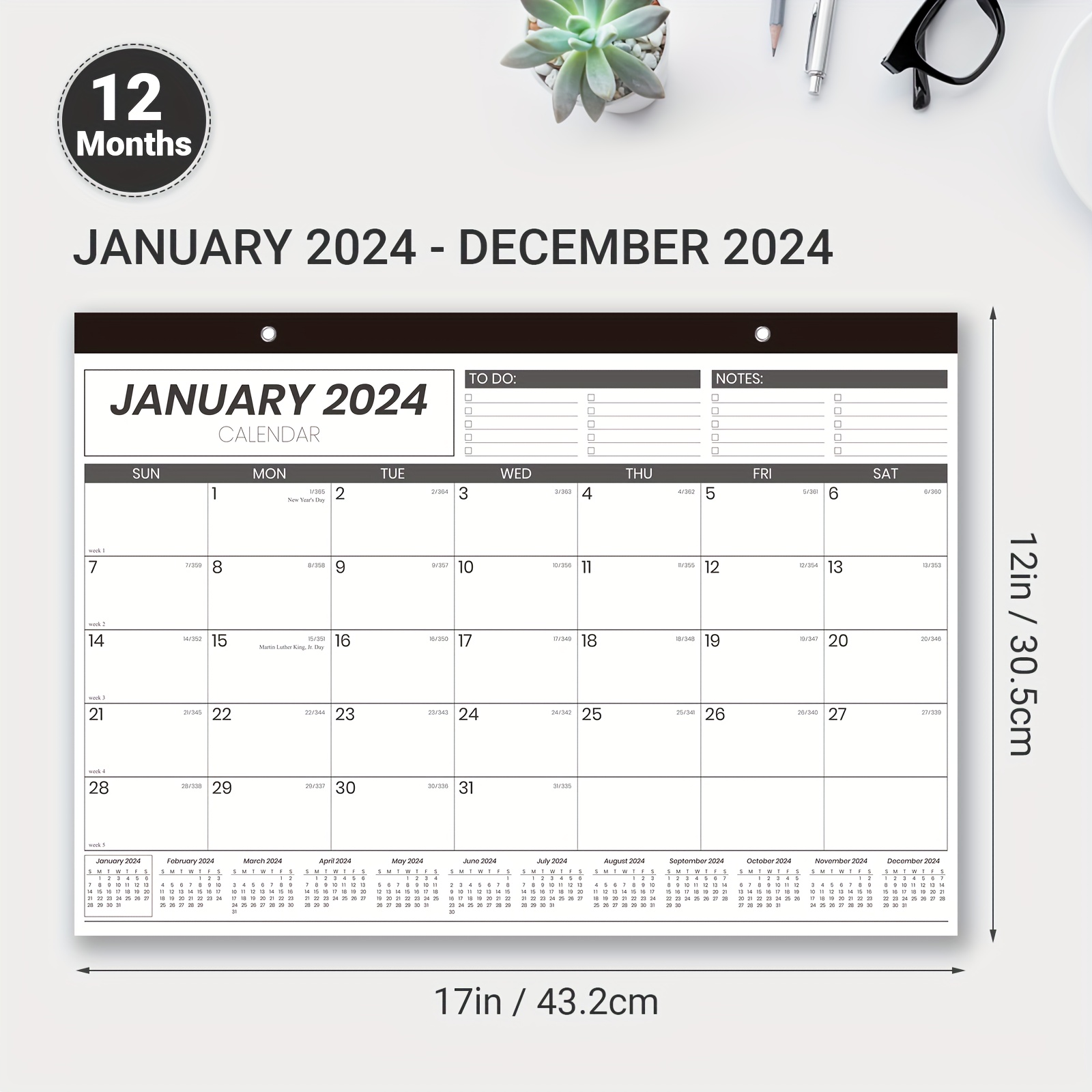 Calendrier de bureau 2024 – janvier 2024 à décembre 2024, grand format 43,2  x 30,5