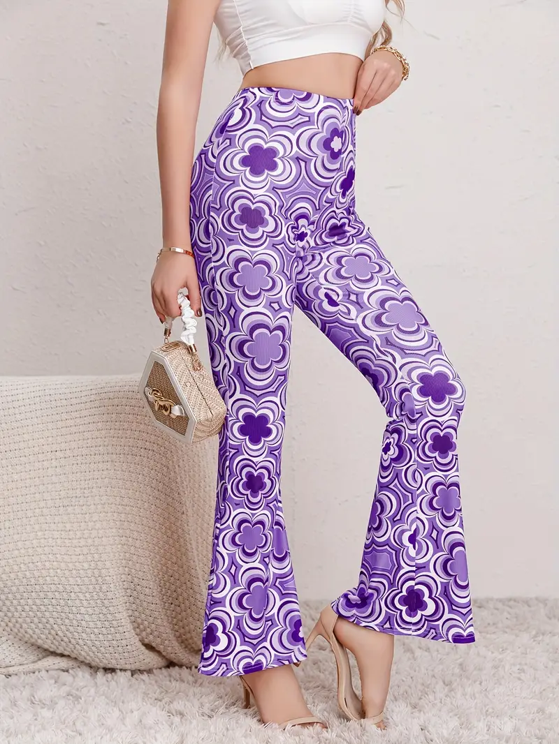 Floral Print Flare Leg Pants, Boho Forbidden Pants For Spring