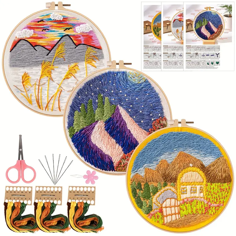 Embroidery Kit Scenery Mountains Rivers Trees Pattern - Temu