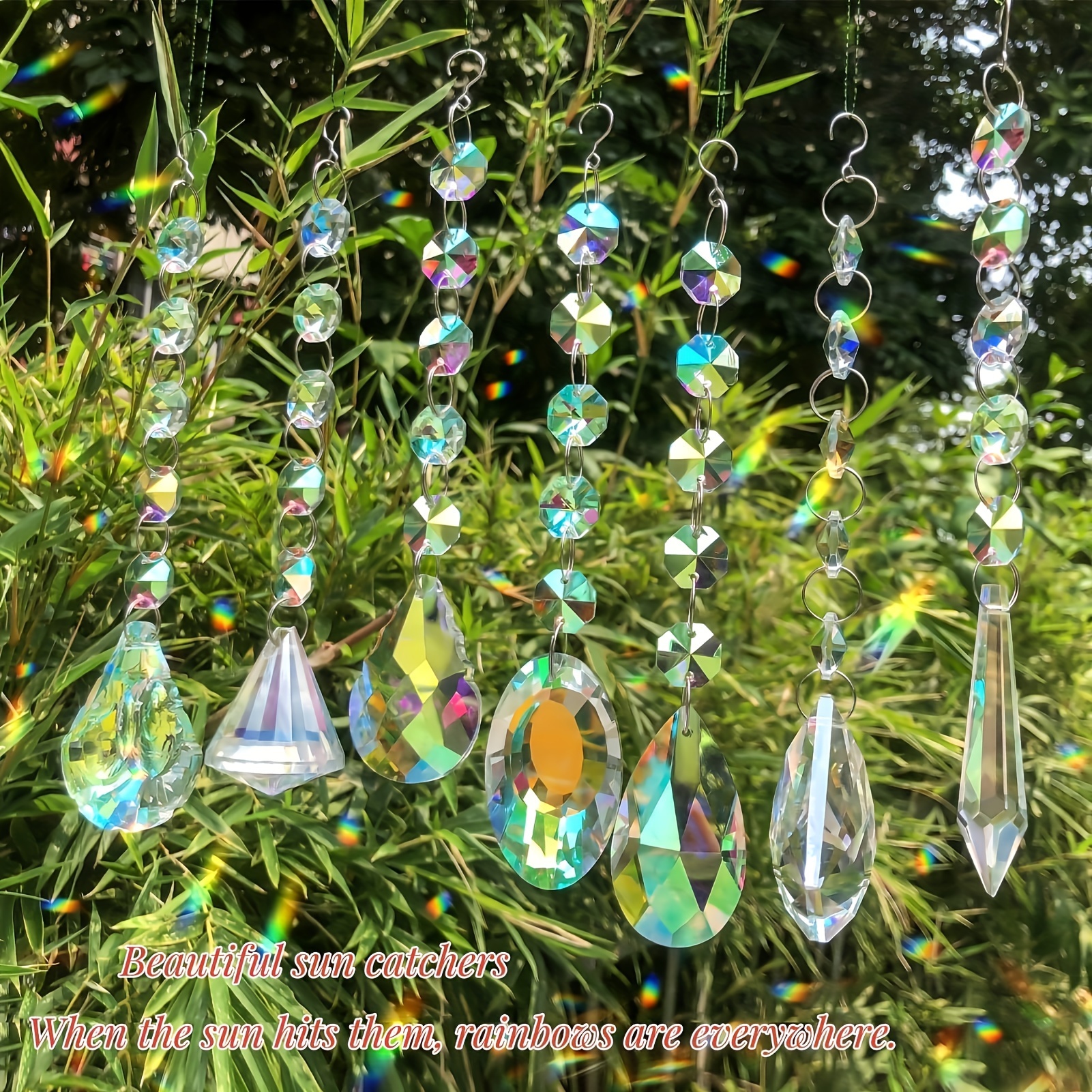 Sun Catchers with Crystals, 7 Pcs Hanging Crystals Suncatchers for Windows,  Colored Crystals Prisms Glass Pendant Suncatchers Beads for Chandeliers
