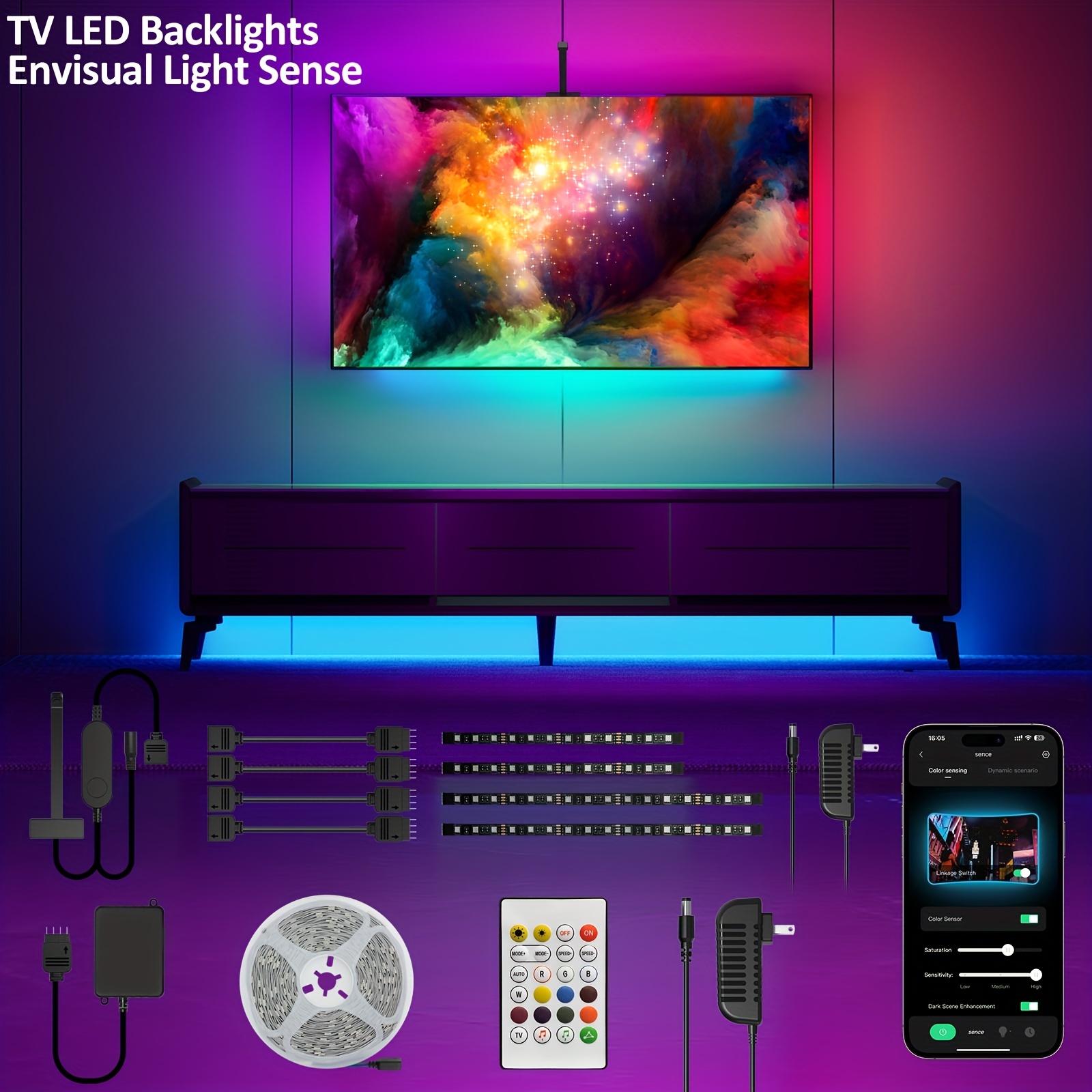 Tira de luces LED para retroiluminación de TV de 75 a 95 pulgadas,  monitores de PC, dormitorio, sala de juegos, luz ambiental de cine en casa,  RGB