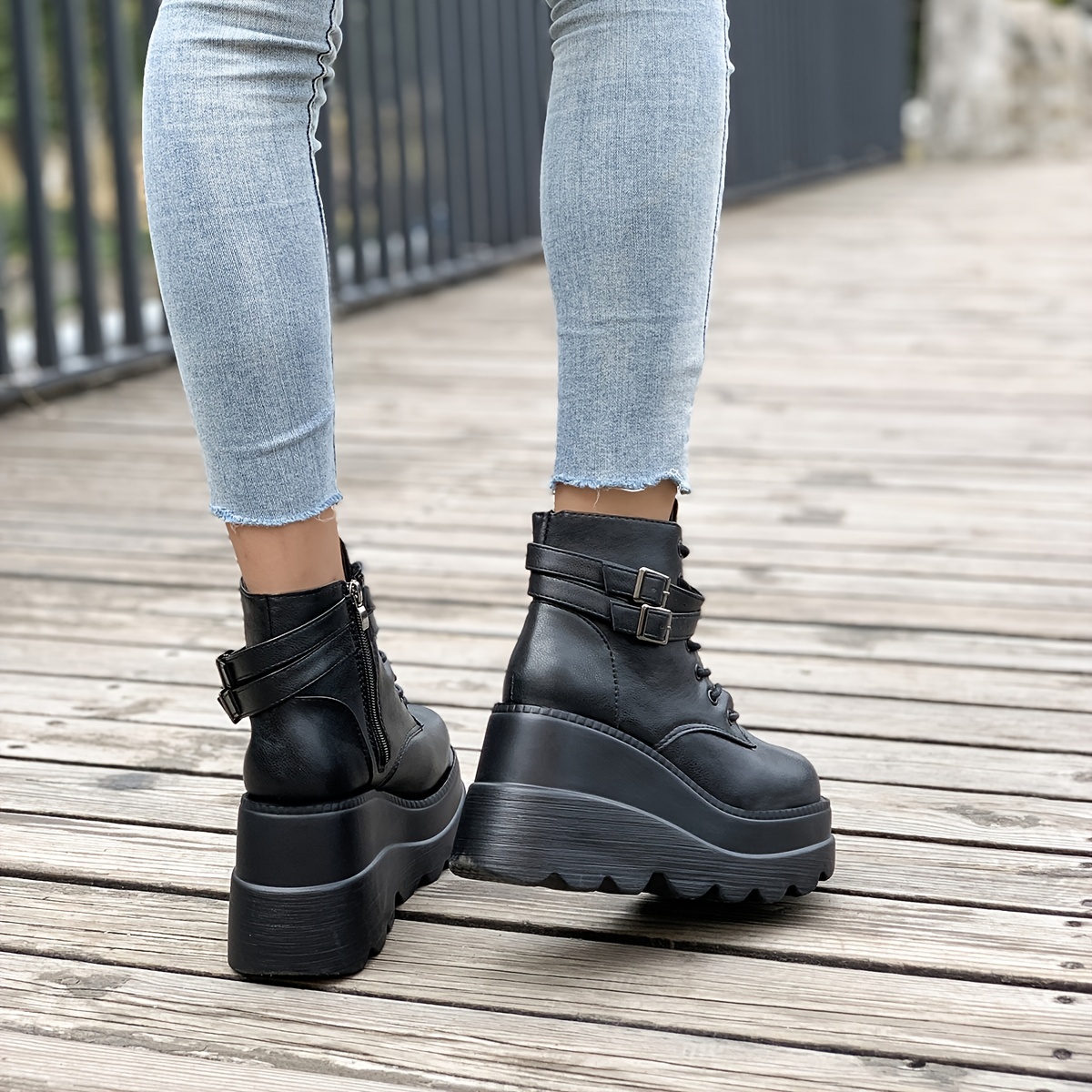 Women's Belt Decor Platform Wedge Heeled Ankle Boots, Punk Style